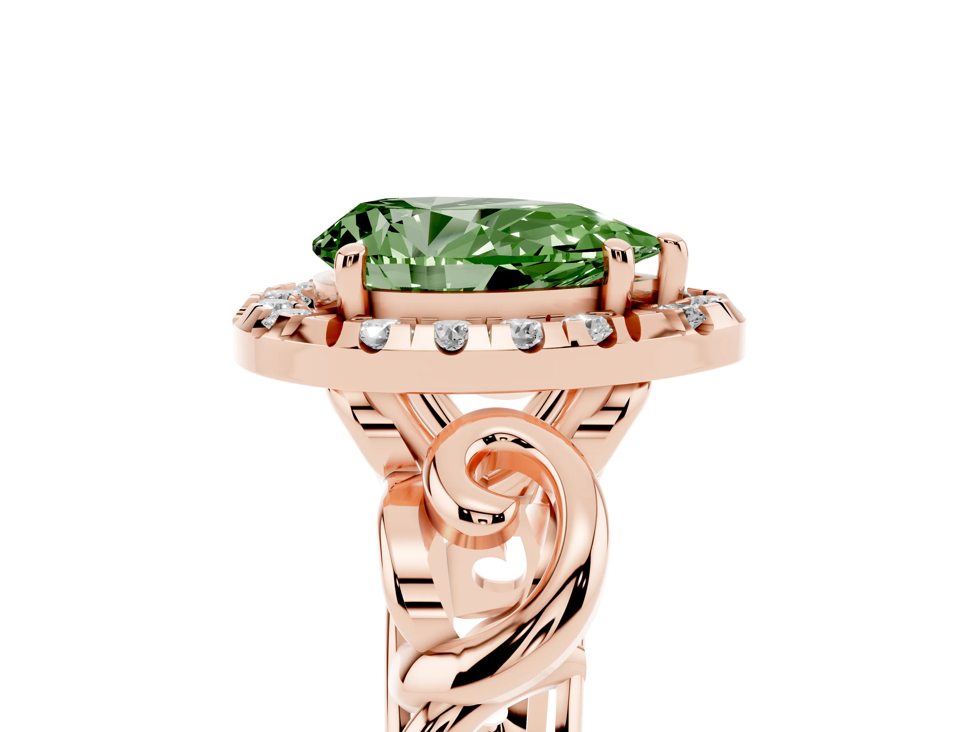Fancy Green Pear Cut Diamond Halo Ring Set in Rose gold with Scrollwork Band and Prong Setting