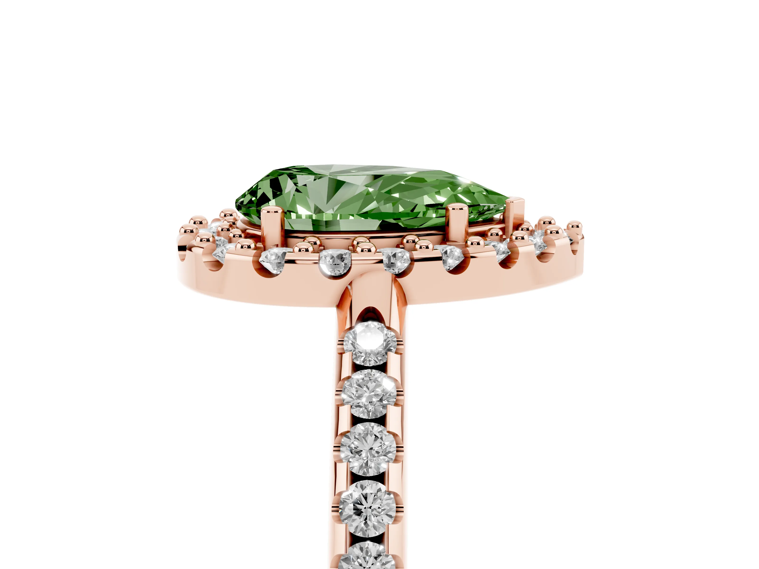 Fancy Green Pear Cut Diamond Pavé Halo Ring Set in Rose gold with Prong Setting