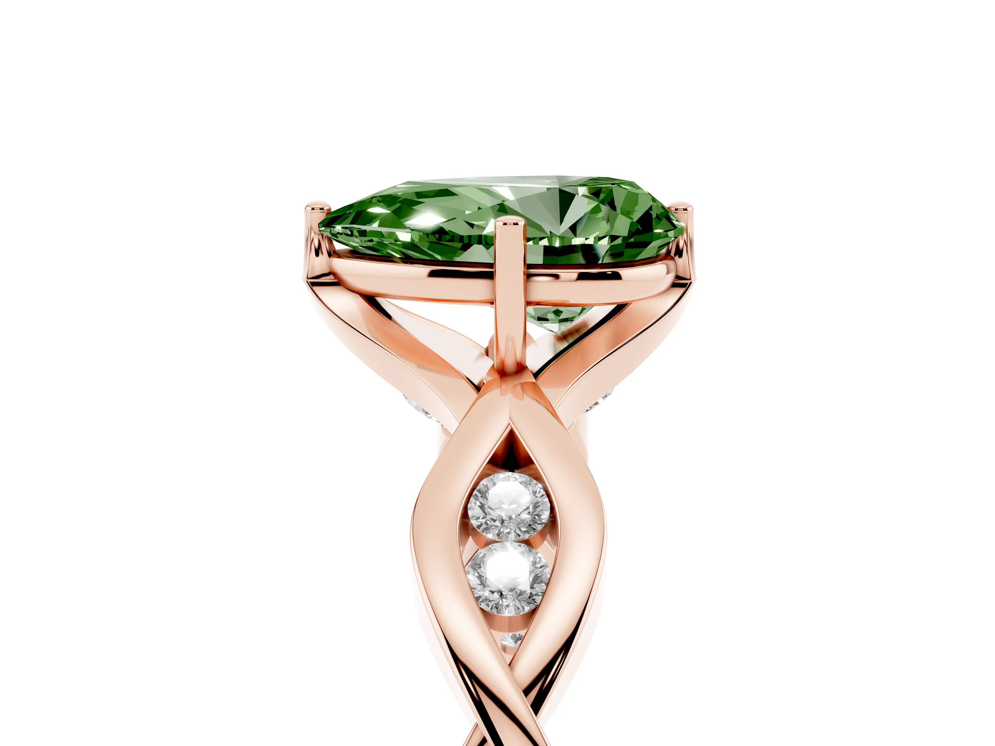 Fancy Green Pear Cut Diamond Twist Band Solitaire Ring Set in Rose gold with Leaf Prong Setting and Accent Stones