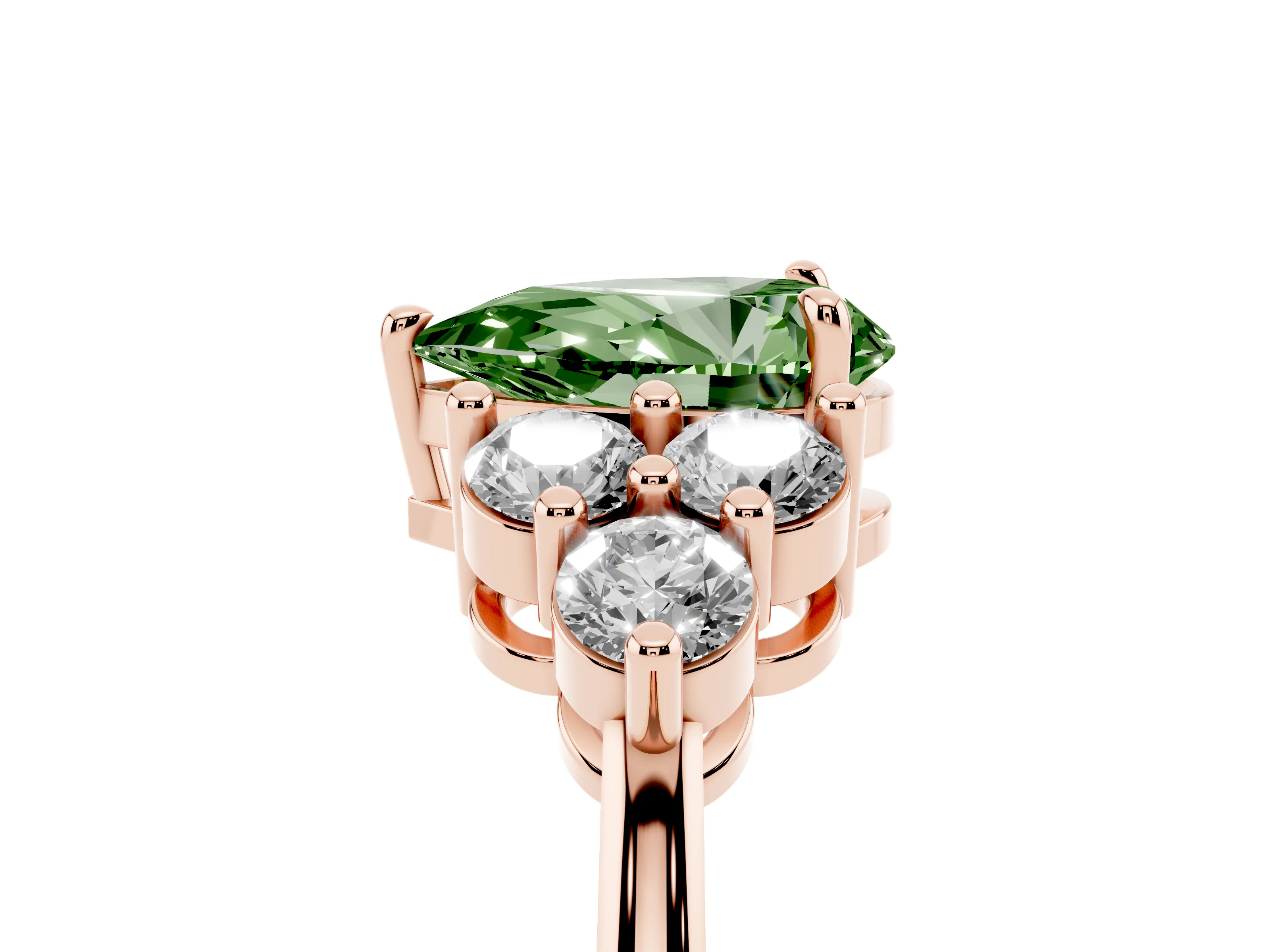 Fancy Green Pear Cut Diamond Solitaire Ring Set in Rose gold with Cluster Accents on Each Side