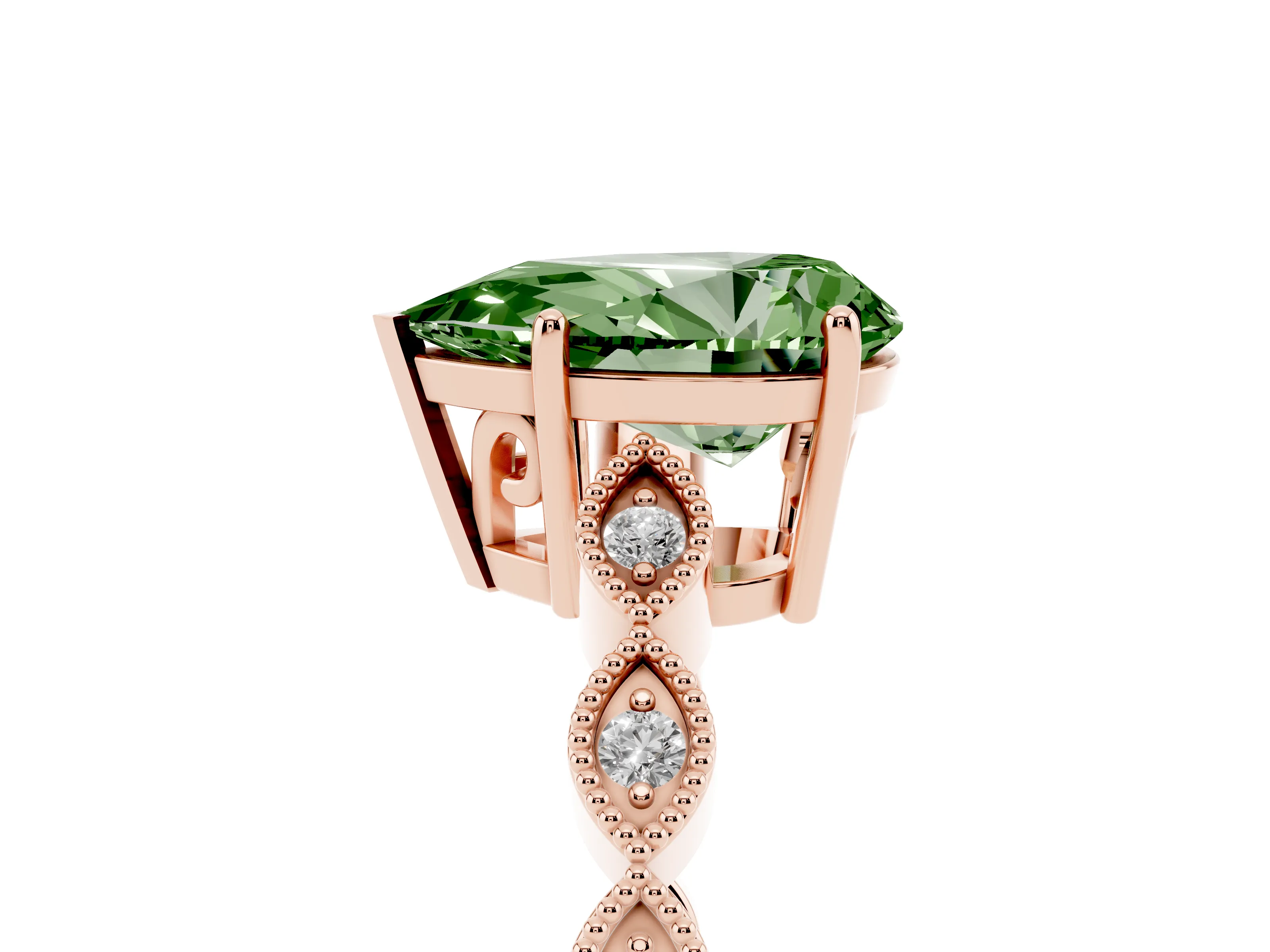 Fancy Green Pear Cut Diamond Solitaire Ring Set in Rose gold with Infinity Twist Pavé Band