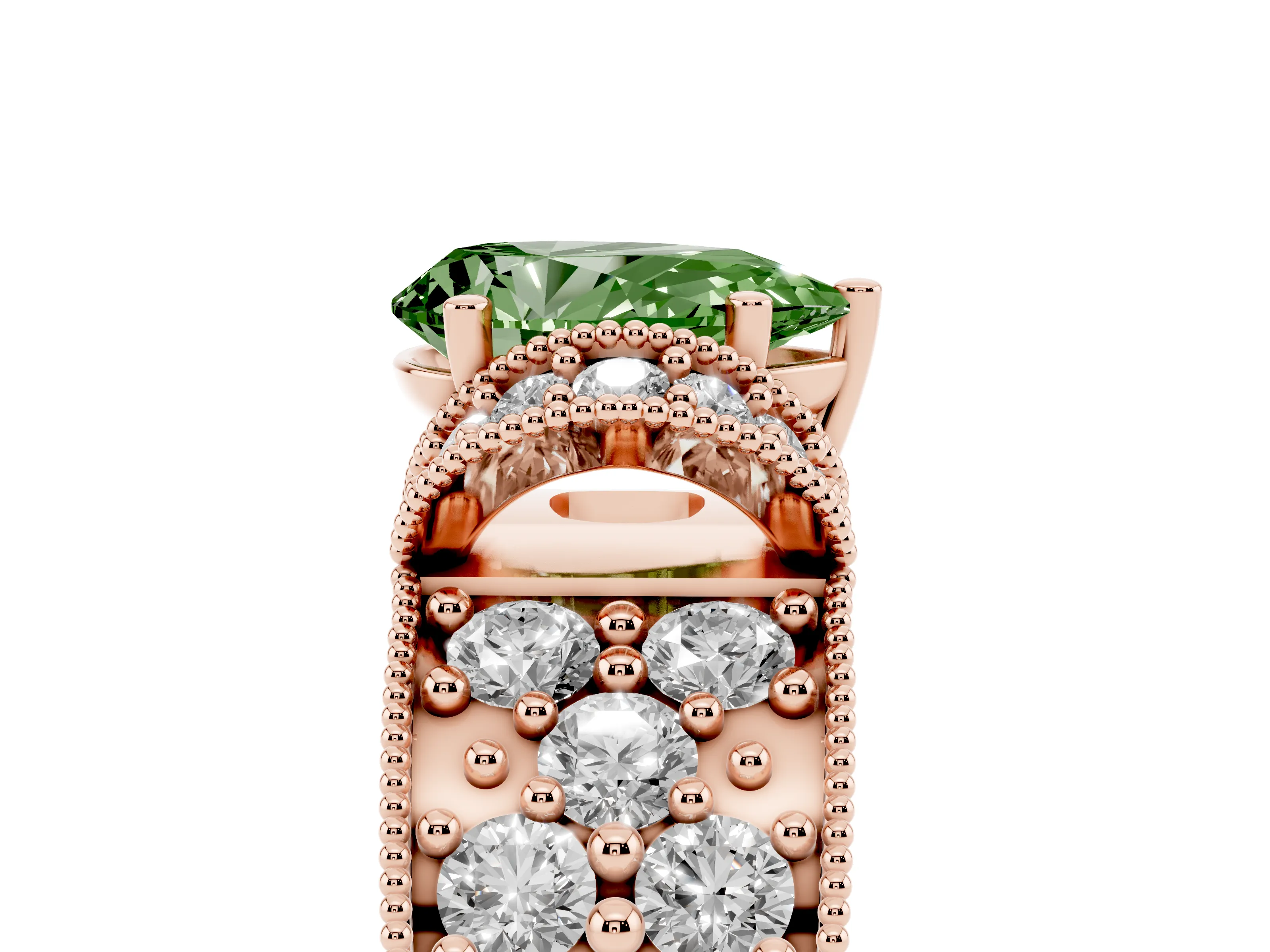 Fancy Green Pear Cut Diamond Milgrain Halo Pavé Engagement Ring Set in Rose gold with Prong Setting