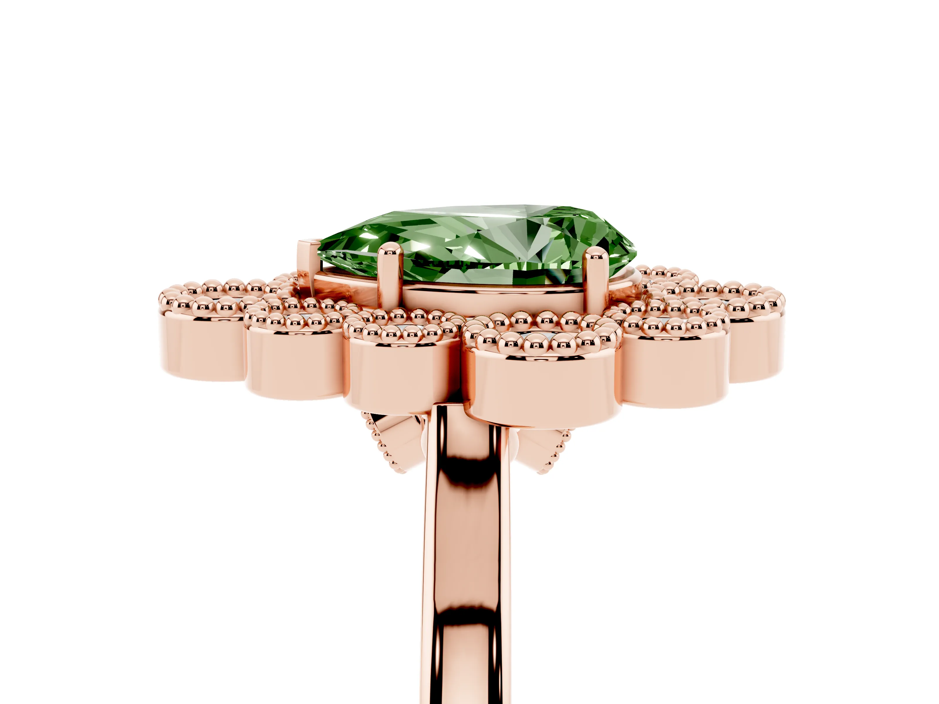 Fancy Green Pear Cut Diamond Cluster Halo Ring Set in Rose gold with Milgrain Bezel Accents and Plain Band