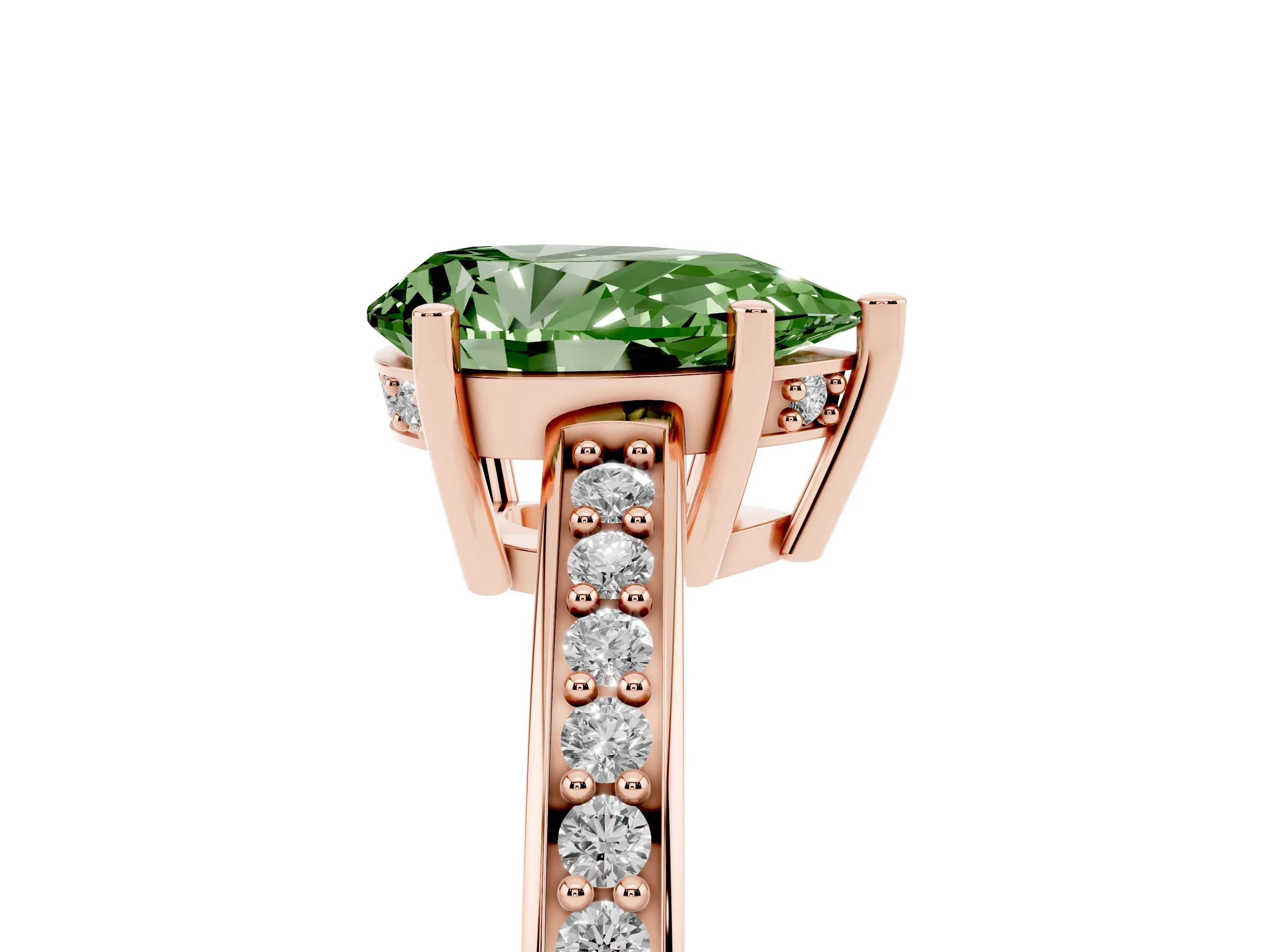 Fancy Green Pear Cut Diamond Pavé Band Prong Set Solitaire Ring Set in Rose gold