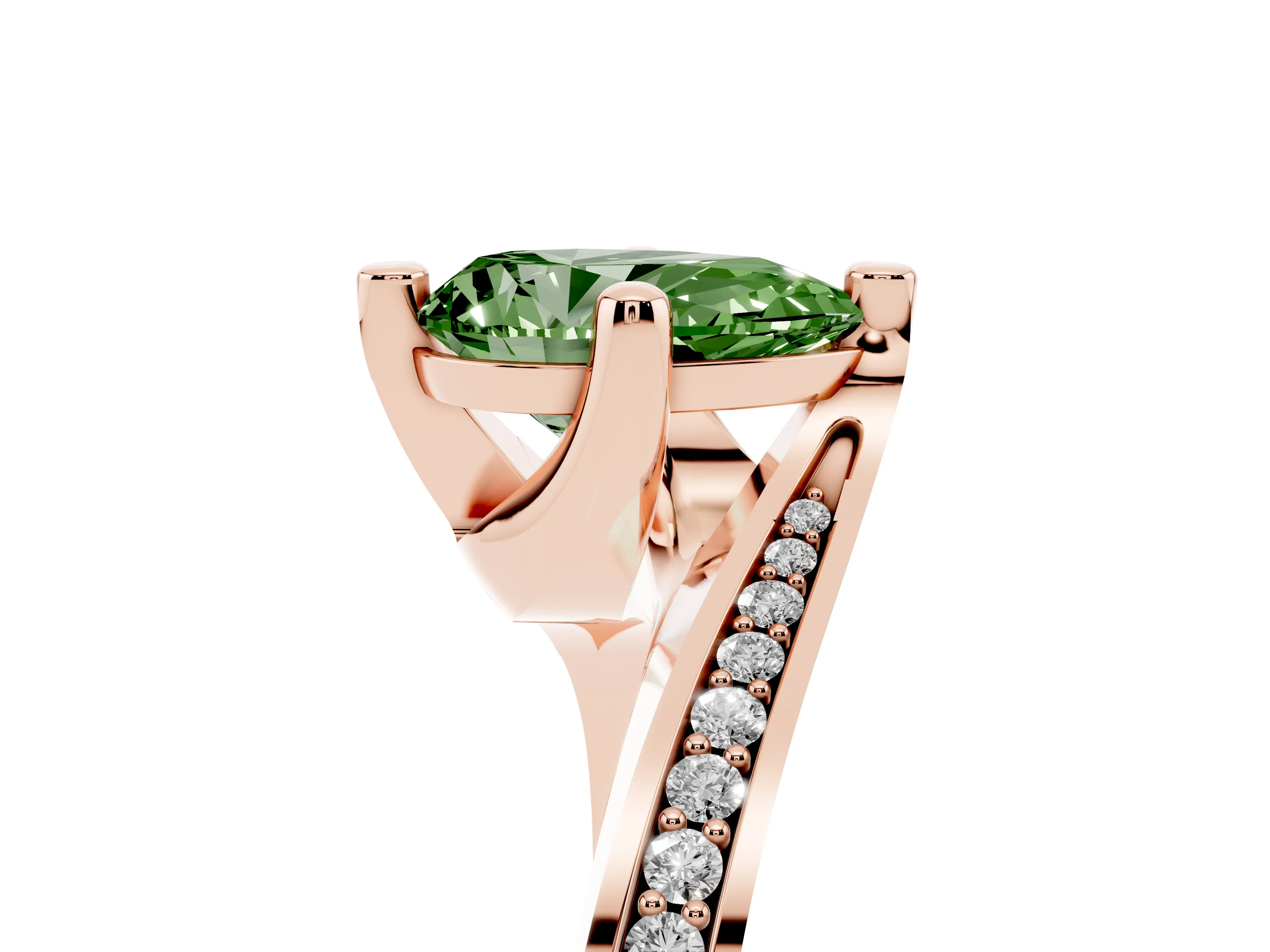 Fancy Green Pear Cut Diamond Solitaire Ring Set in Rose gold with Intertwined Pavé Twist Band