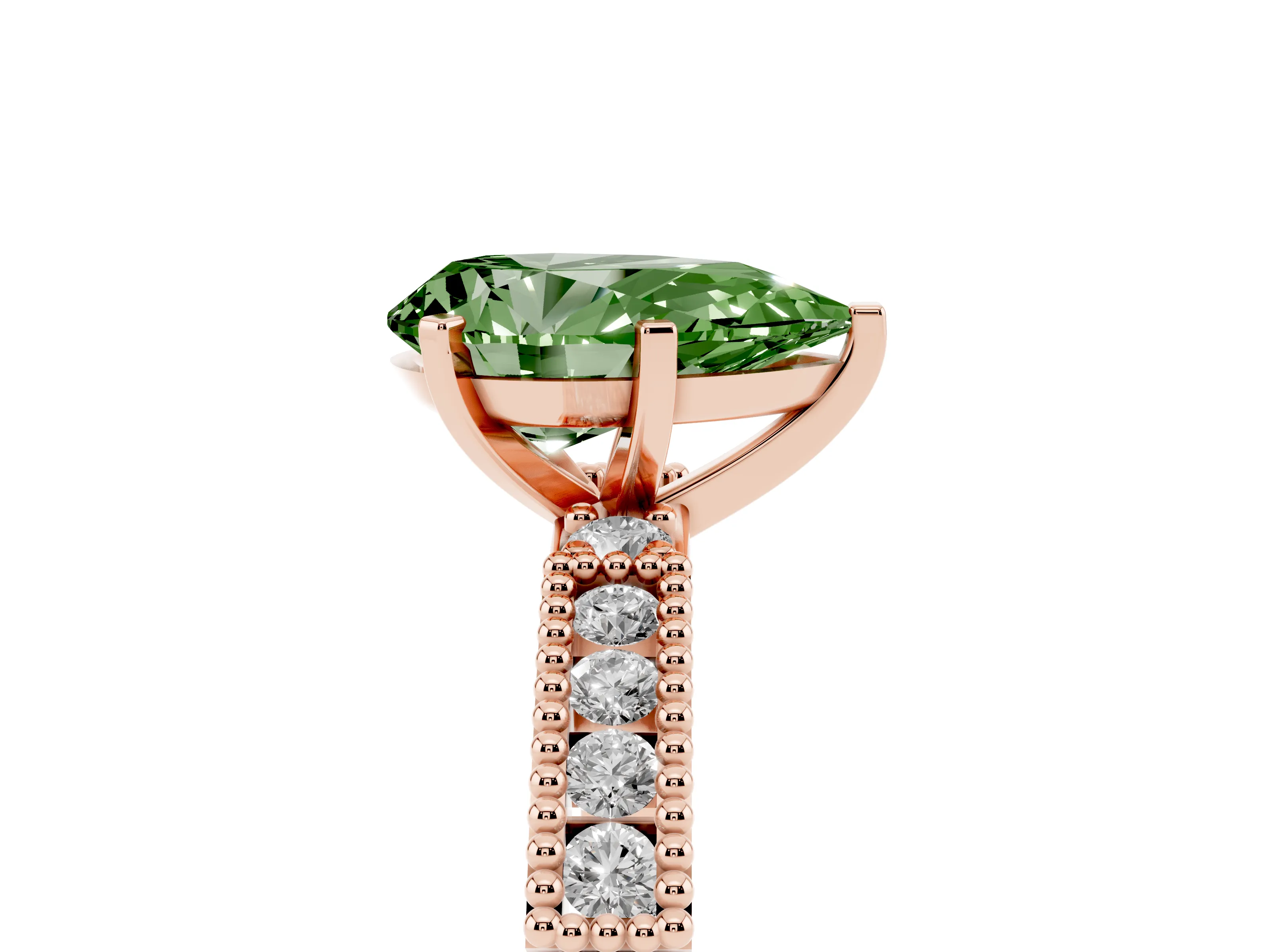 Fancy Green Pear Cut Diamond Solitaire Ring Set in Rose gold with Slim Pavé Band and Prong Setting