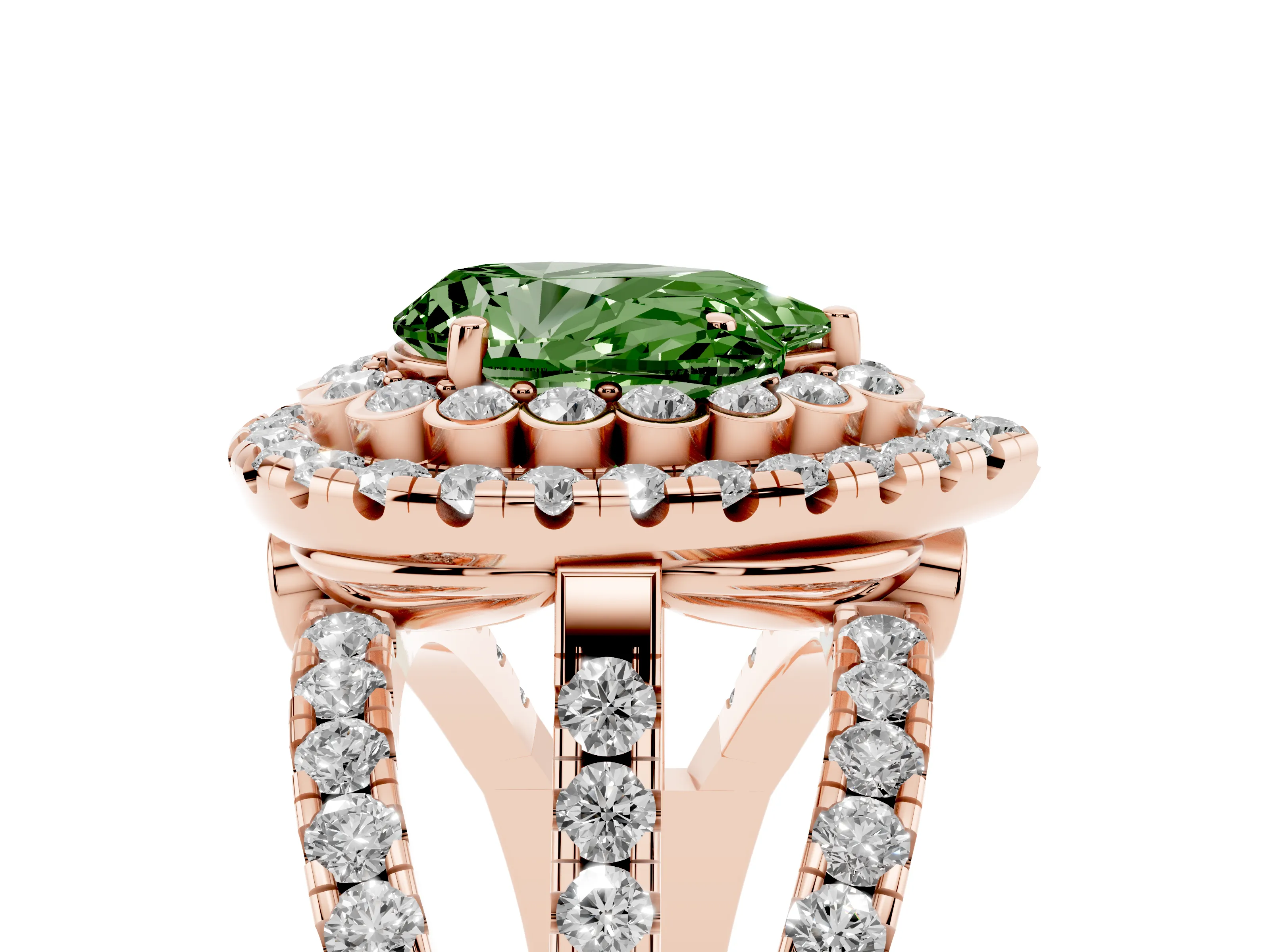Fancy Green Pear Cut Diamond Double Halo Ring Set in Rose gold with Round Pavé Split Shank