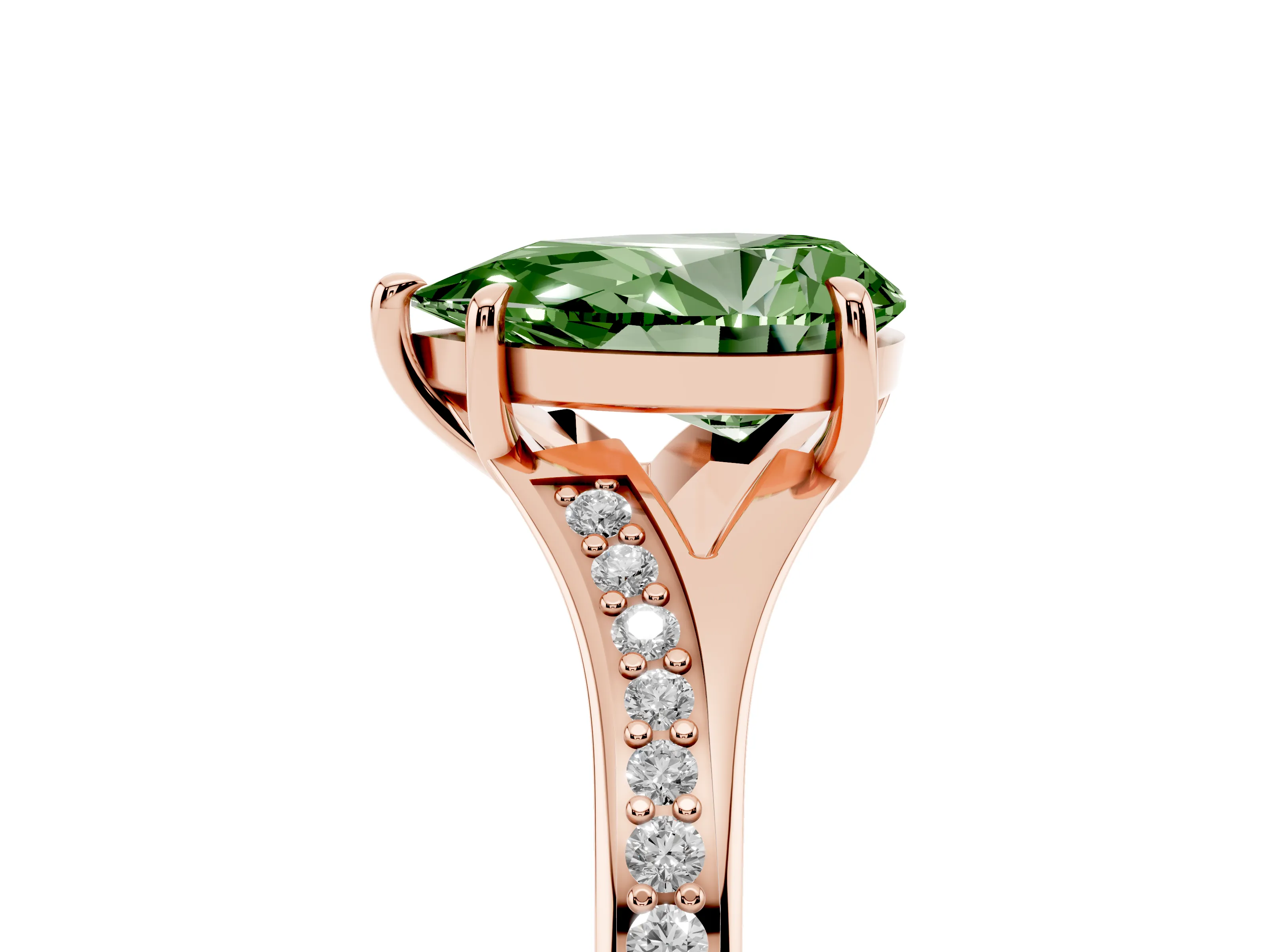 Fancy Green Pear Cut Diamond Solitaire Ring Set in Rose gold with Pavé Accent Band and Classic Prong Setting