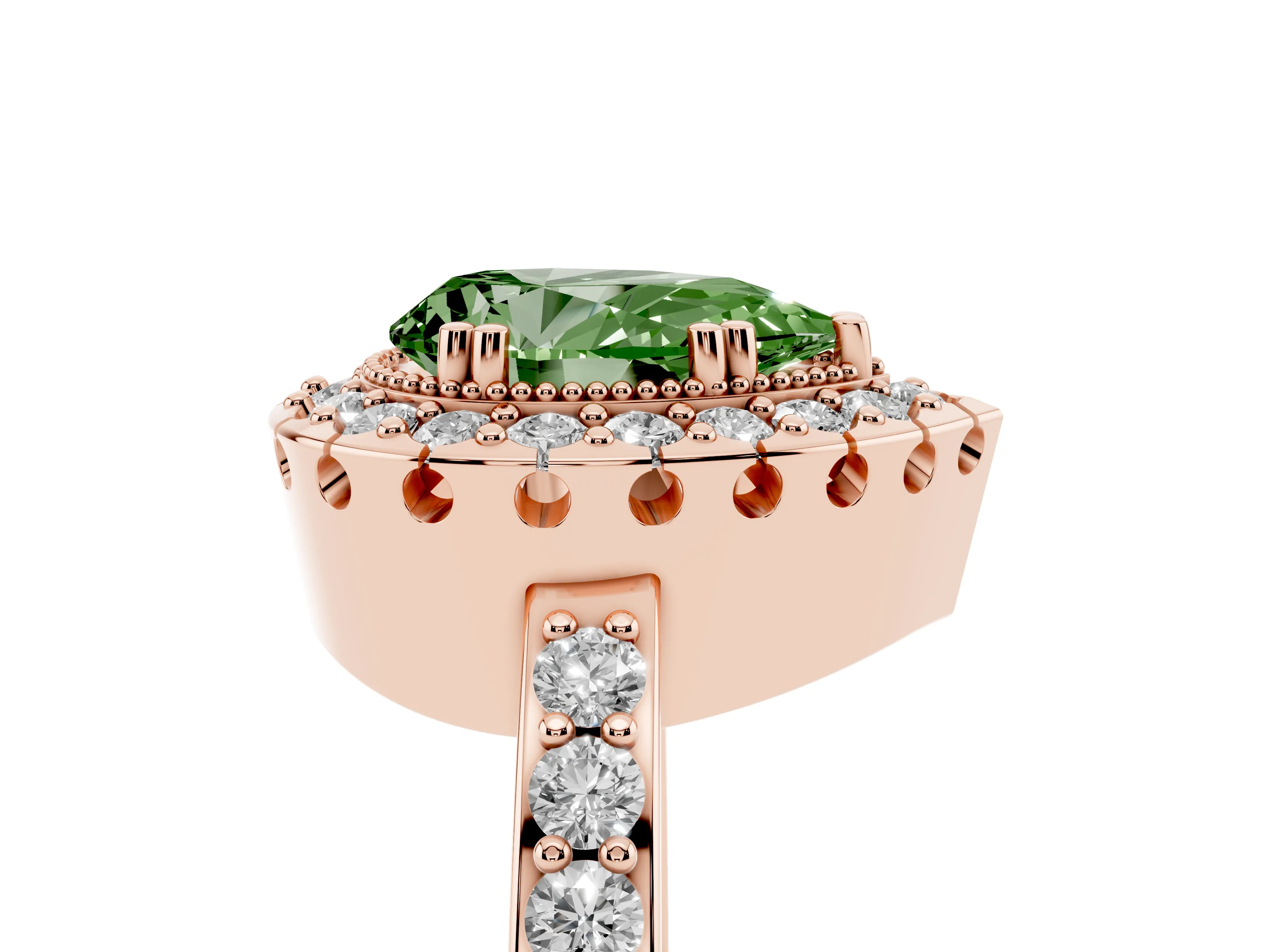 Fancy Green Pear Cut Diamond Halo Ring Set in Rose gold with Pavé Shank and Prong Setting