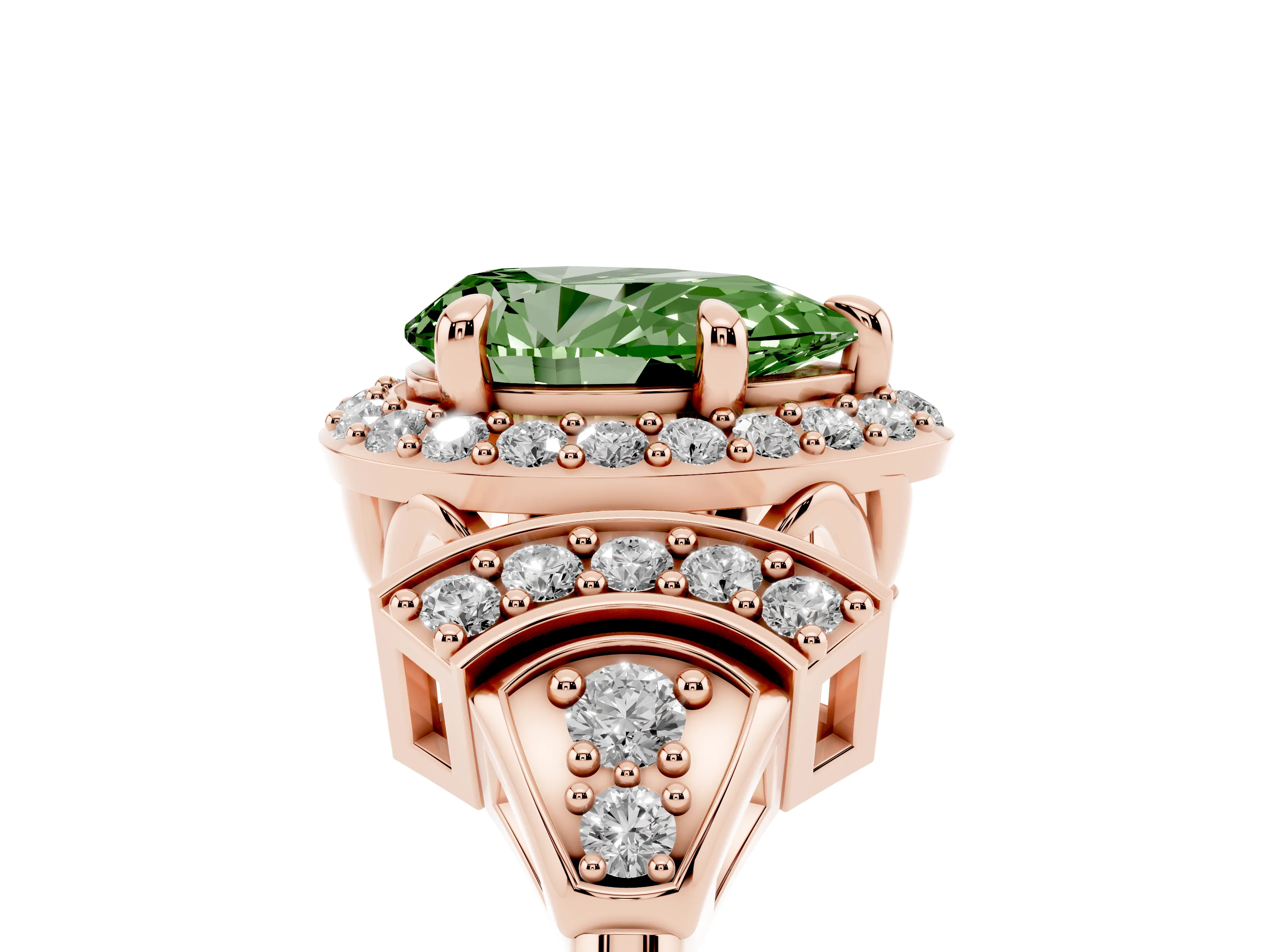 Fancy Green Pear Cut Diamond Halo Engagement Ring Set in Rose gold with Accent Stone Split Shank