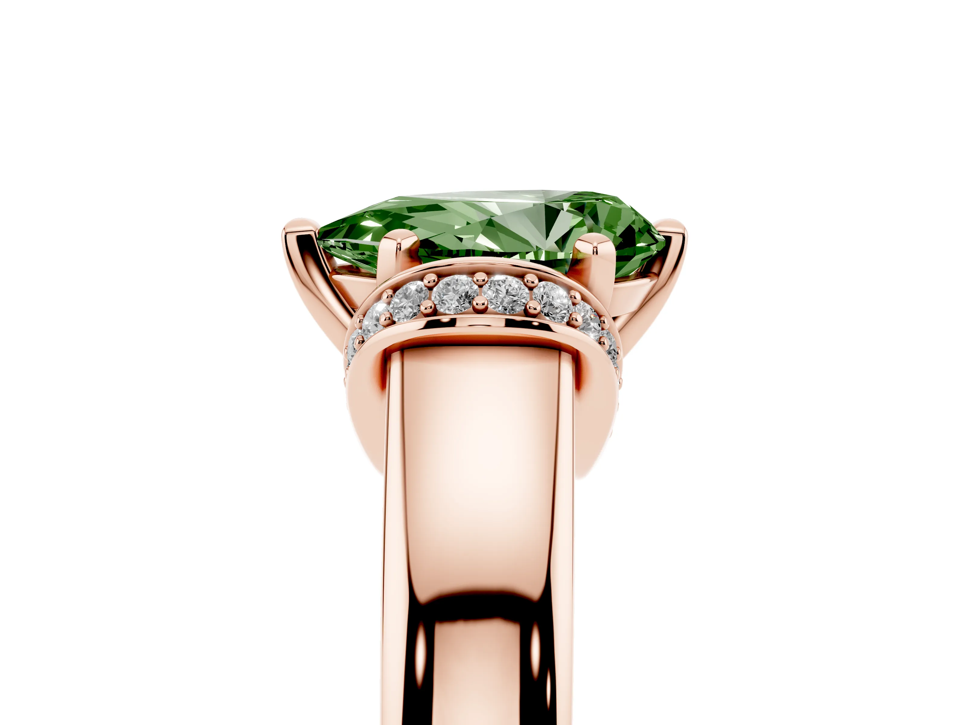Fancy Green Pear Cut Diamond Pavé Band Solitaire Ring Set in Rose gold with Prong Setting