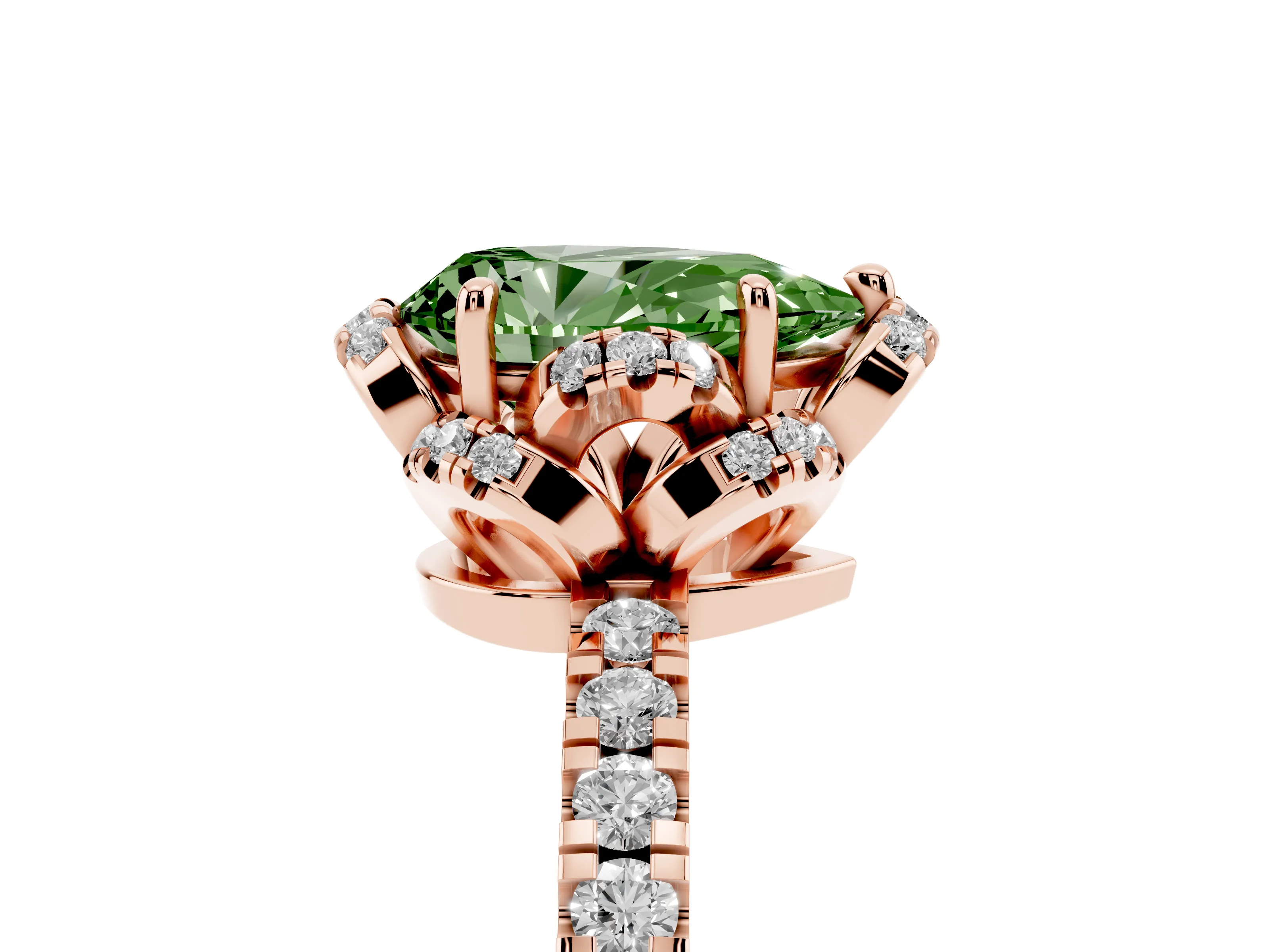 Fancy Green Pear Cut Diamond Halo Pavé Band Ring Set in Rose gold with Prong-Held Center