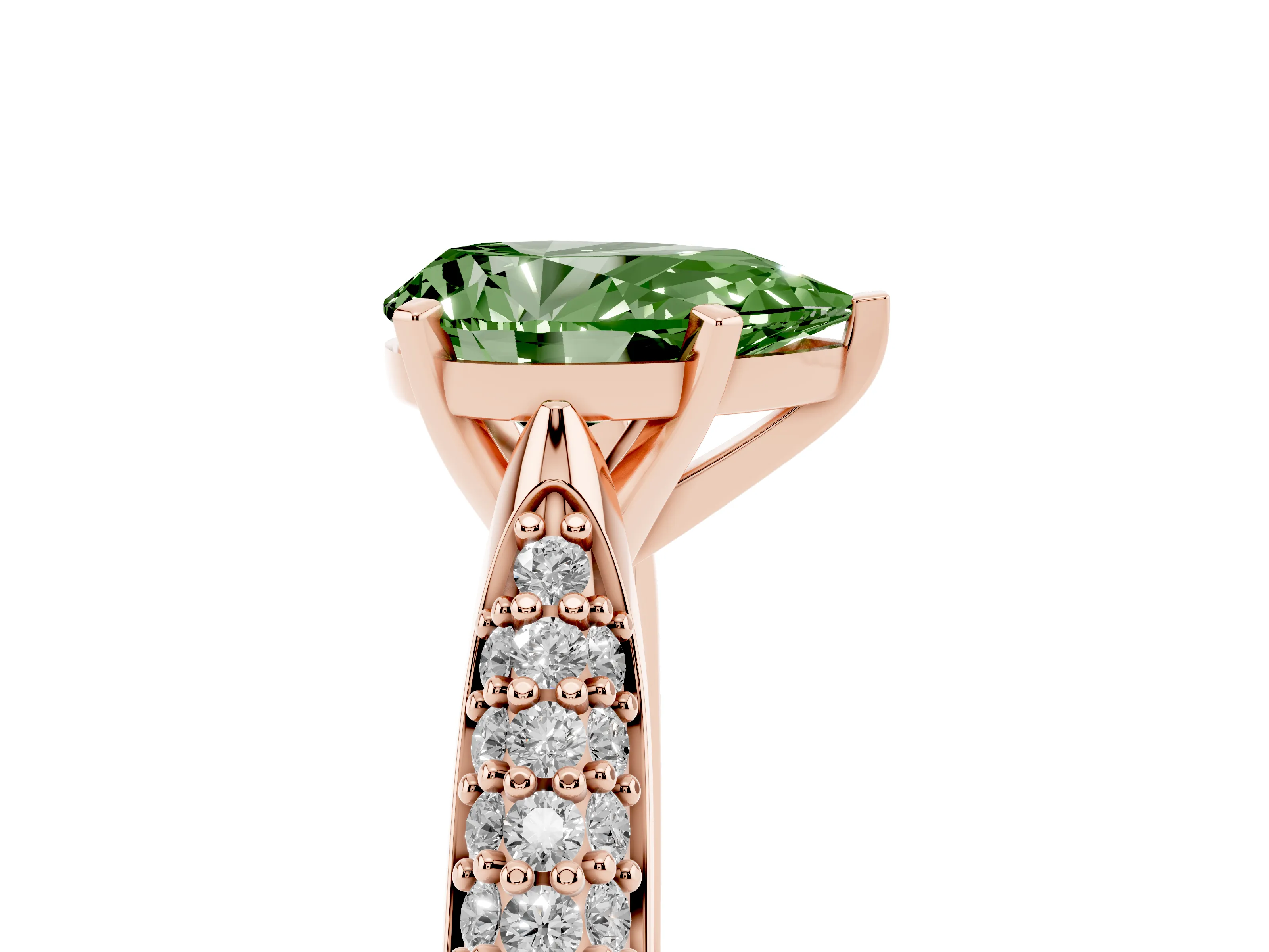 Fancy Green Pear Cut Diamond Solitaire Engagement Ring Set in Rose gold with Multi-Row Round Pavé Band and Prong Setting