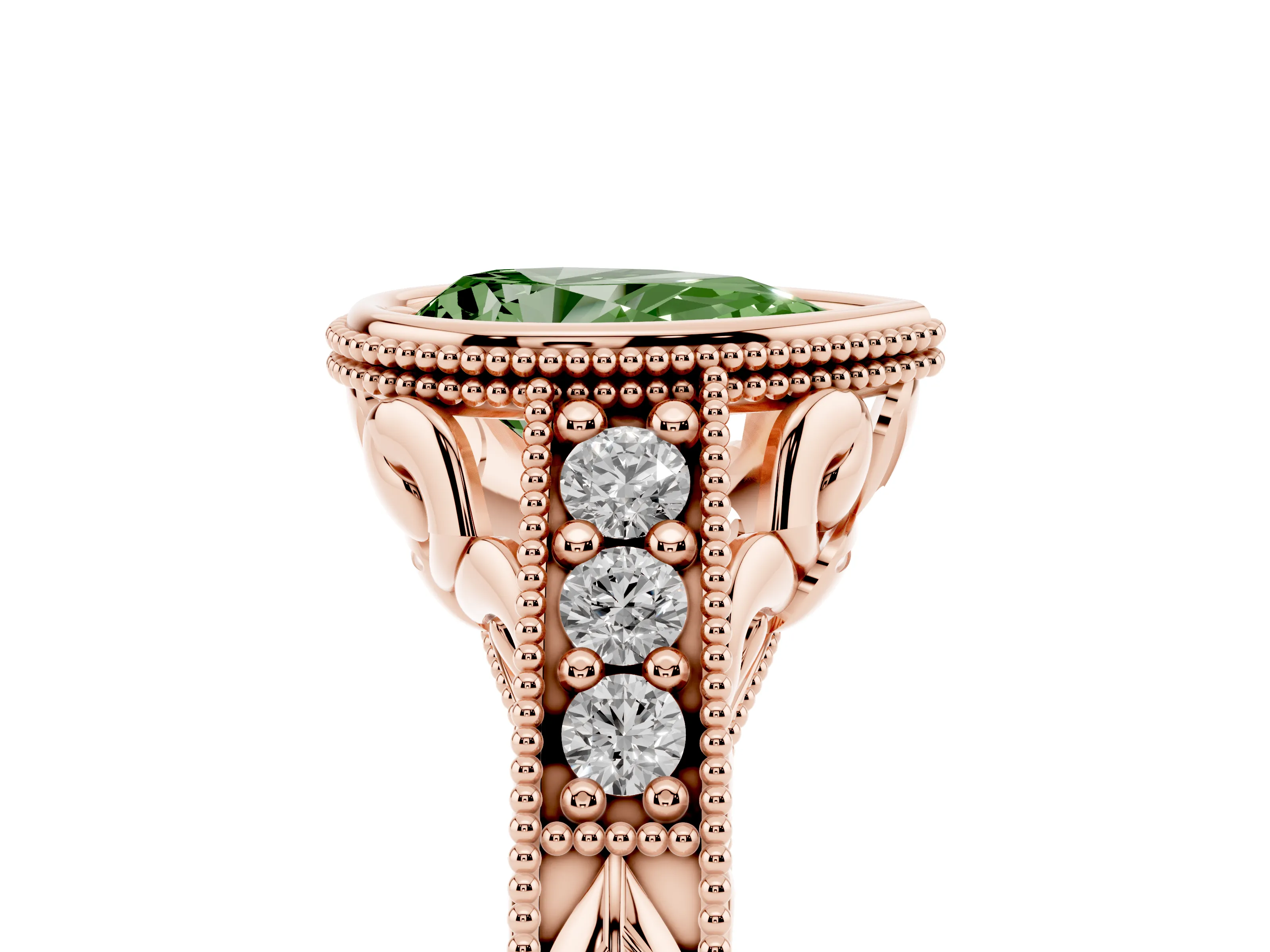 Fancy Green Bezel Set Pear Cut Diamond Milgrain Pavé Engagement Ring Set in Rose gold