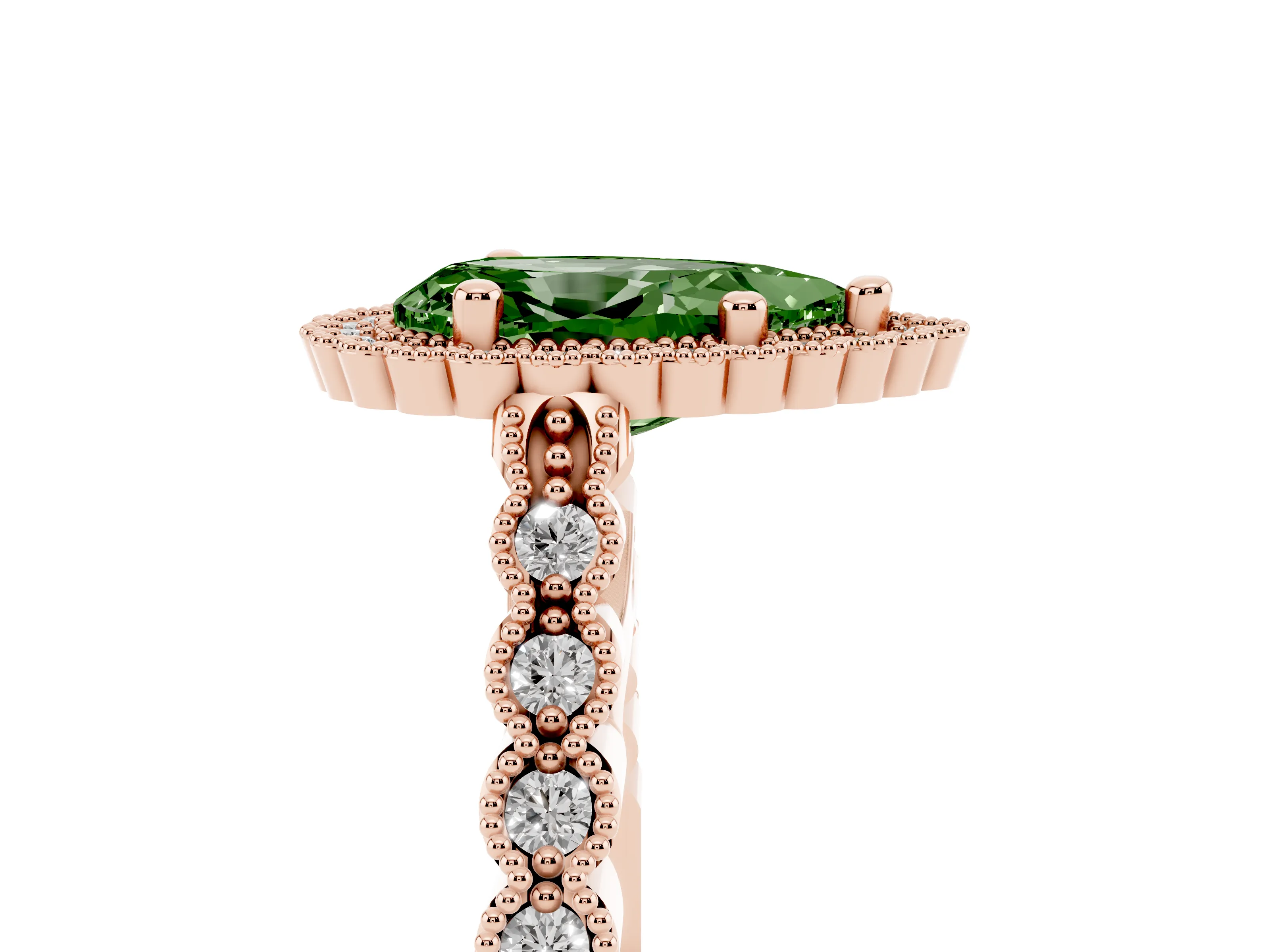 Fancy Green Pear Cut Diamond Halo Ring Set in Rose gold with Pavé Milgrain Band