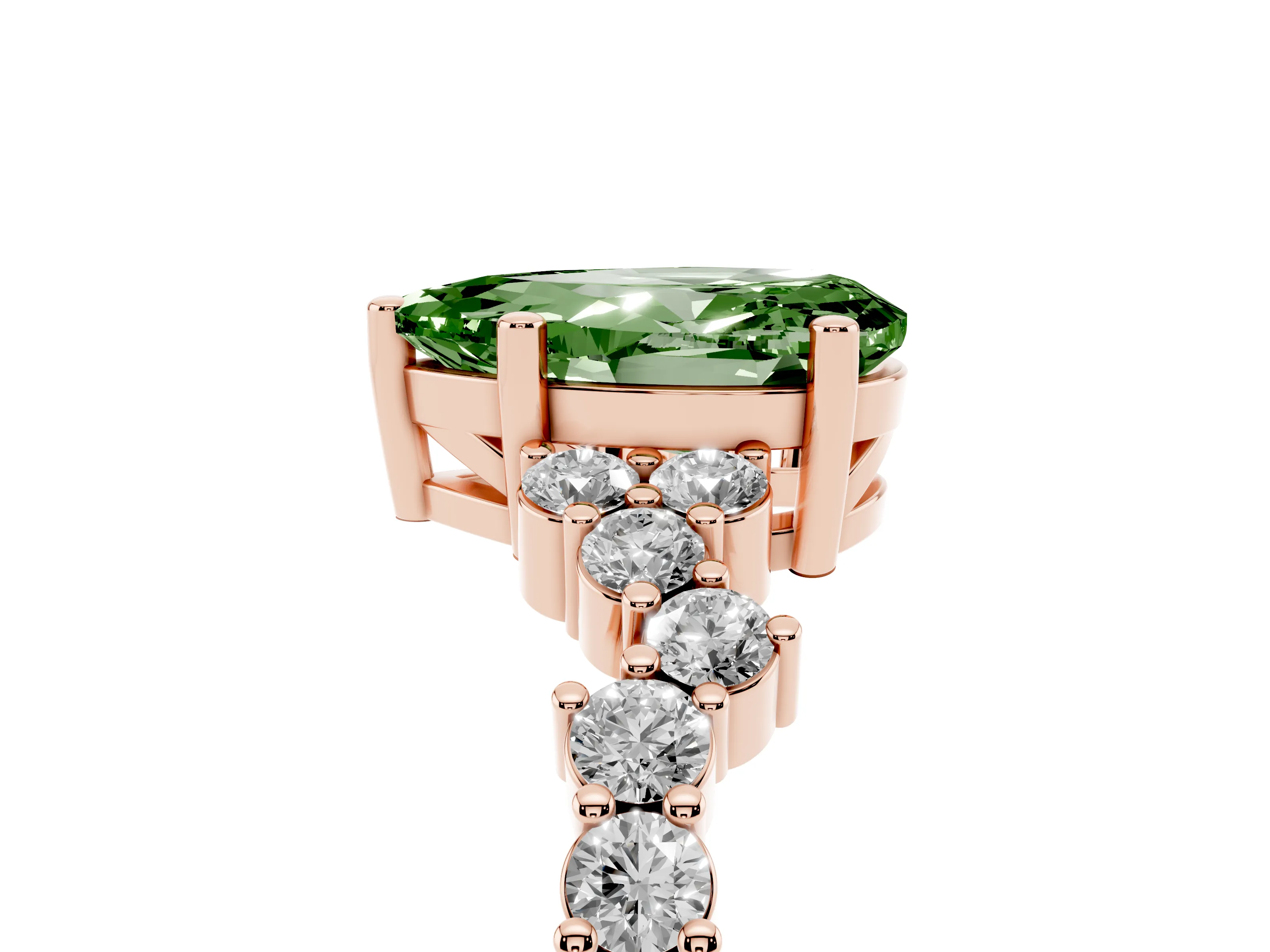Fancy Green Pear Cut Diamond Ring Set in Rose gold with Scattered Round Accents