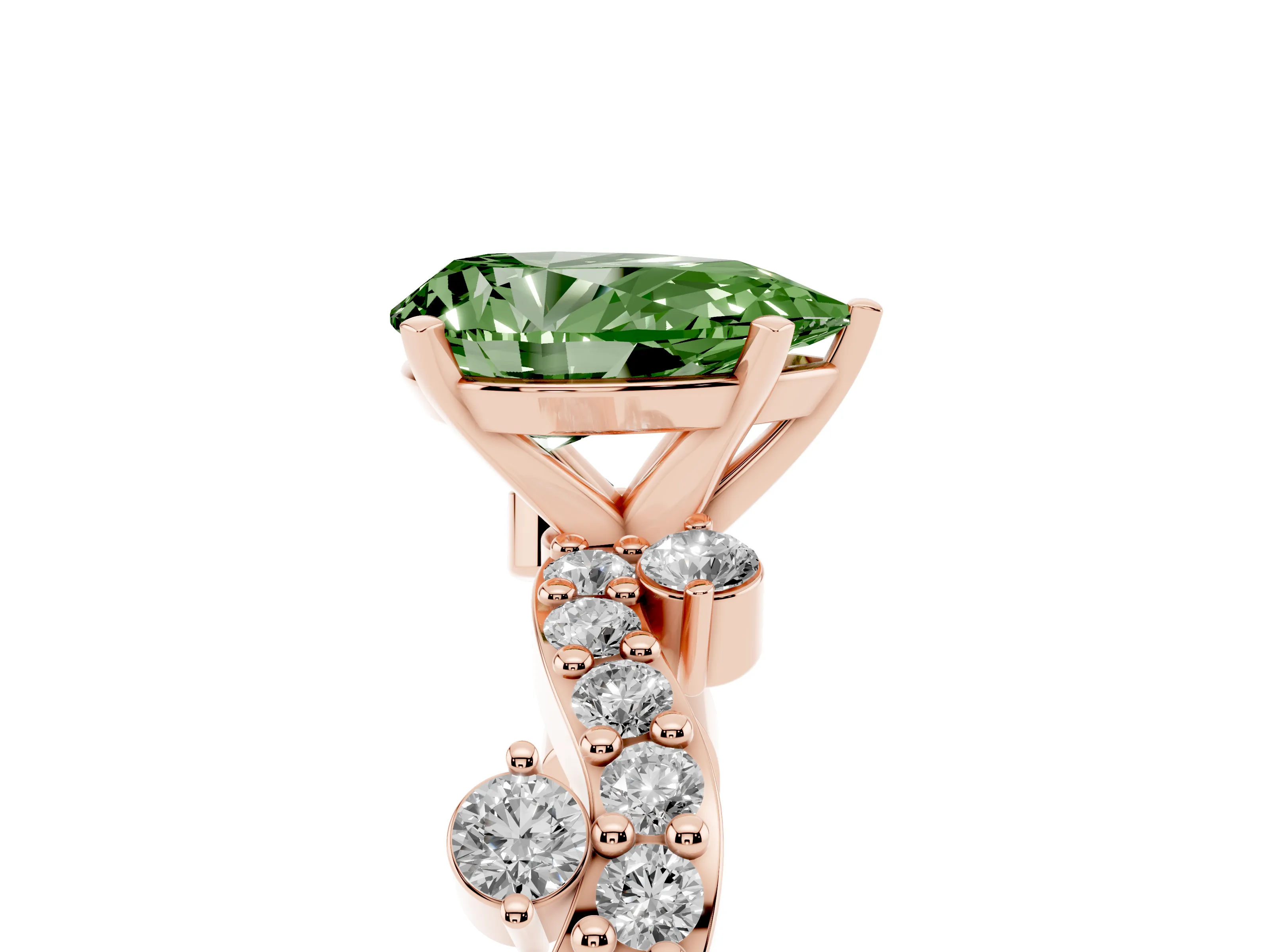 Fancy Green Pear Cut Diamond Solitaire Twisted Band Set in Rose gold with Pavé Setting