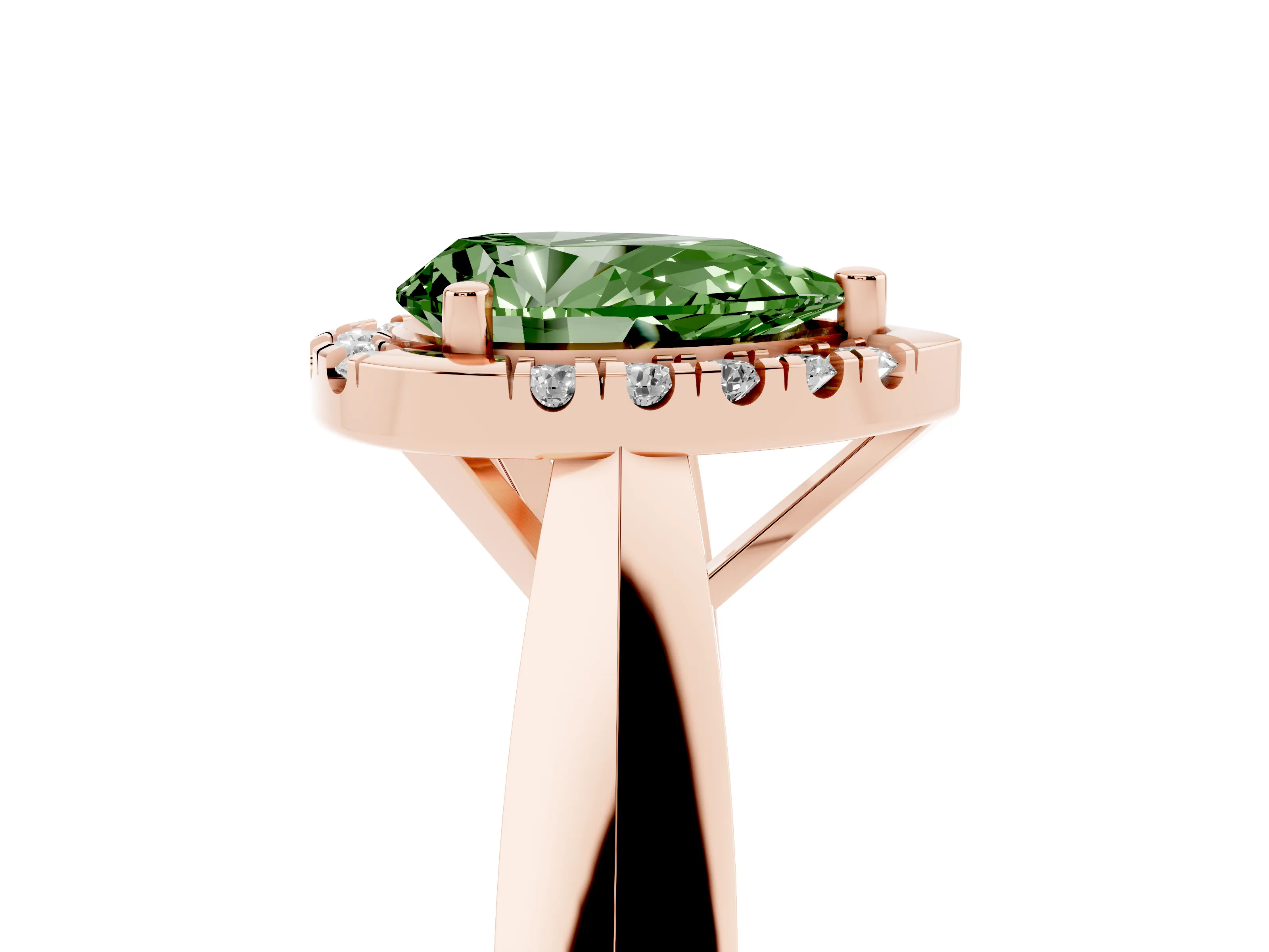 Fancy Green Pear Cut Diamond Halo Solitaire Engagement Ring Set in Rose gold with Square Band and Prong Setting