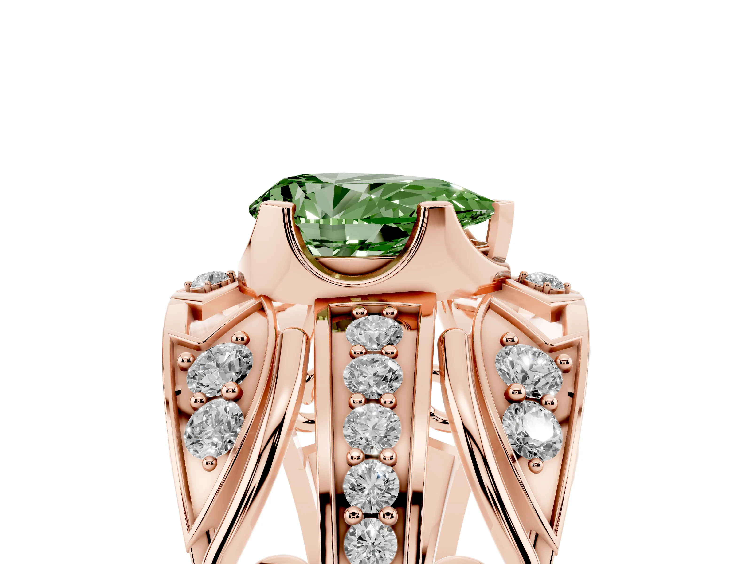 Fancy Green Pear Cut Diamond Art Deco Ring Set in Rose gold with Pavé Split Shank
