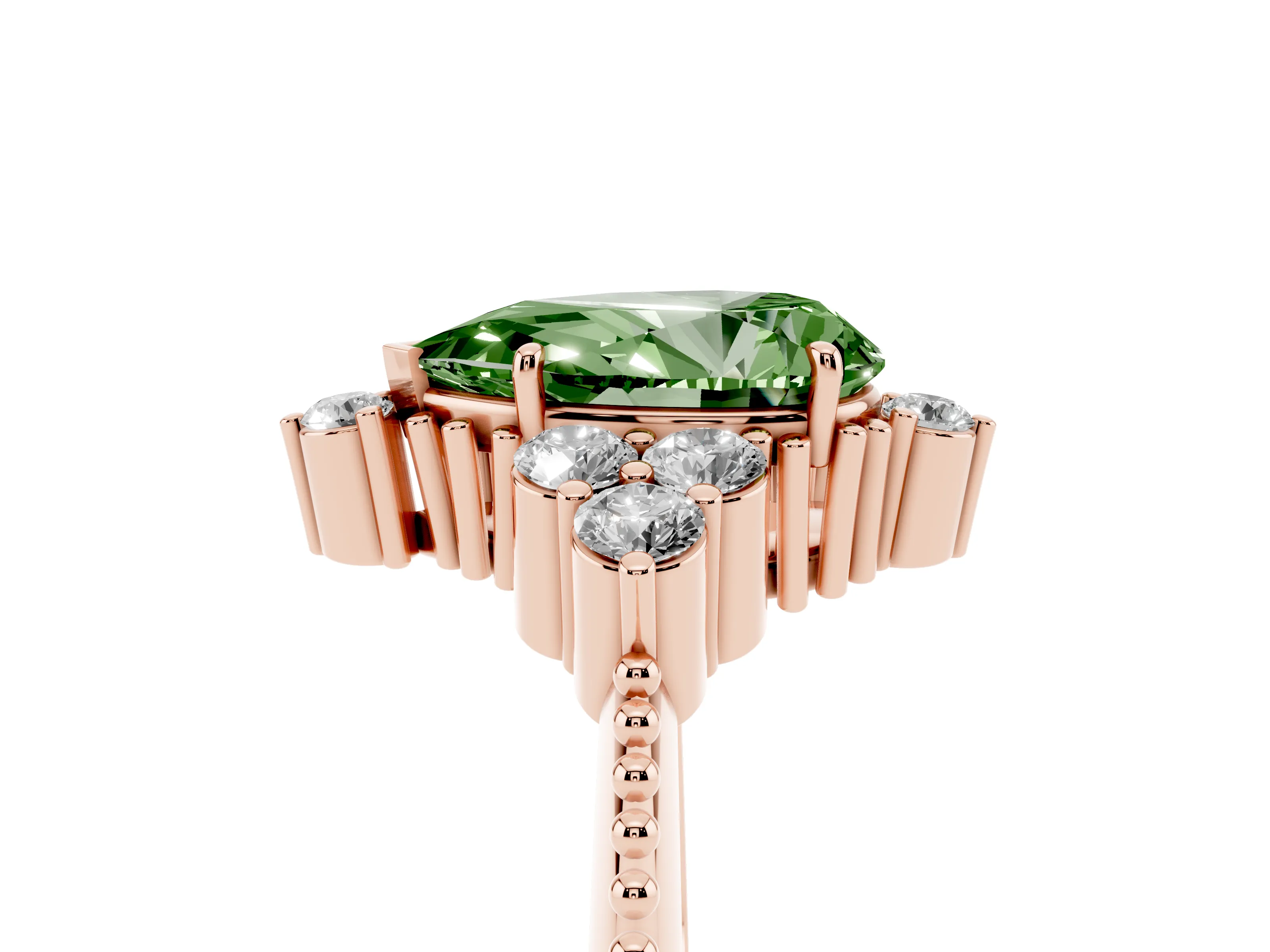 Fancy Green Pear Cut Diamond Cluster Ring Set in Rose gold with Beaded Band