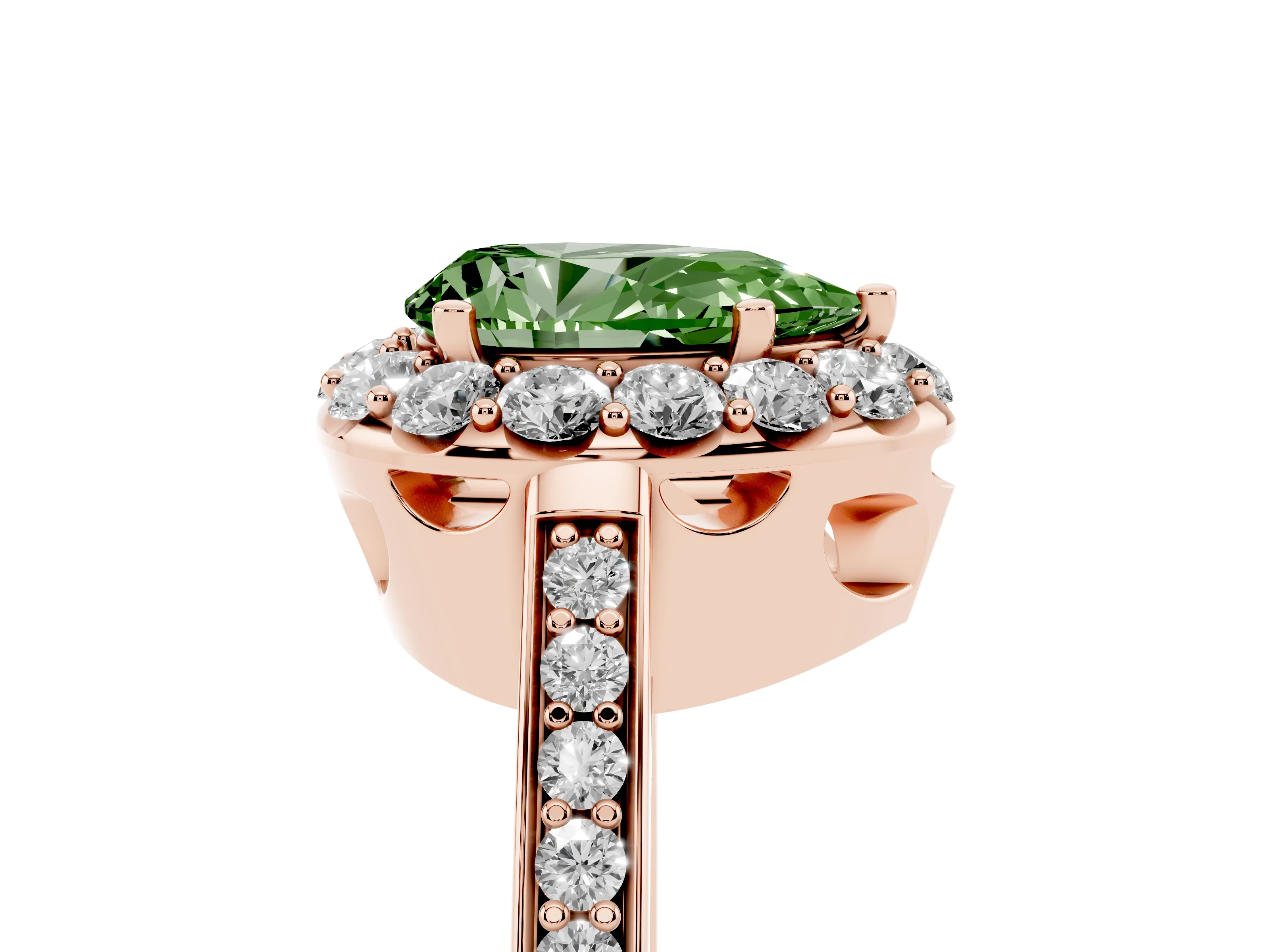 Fancy Green Pear Cut Diamond Floral Halo Ring Set in Rose gold with Pavé Band and Prong Setting