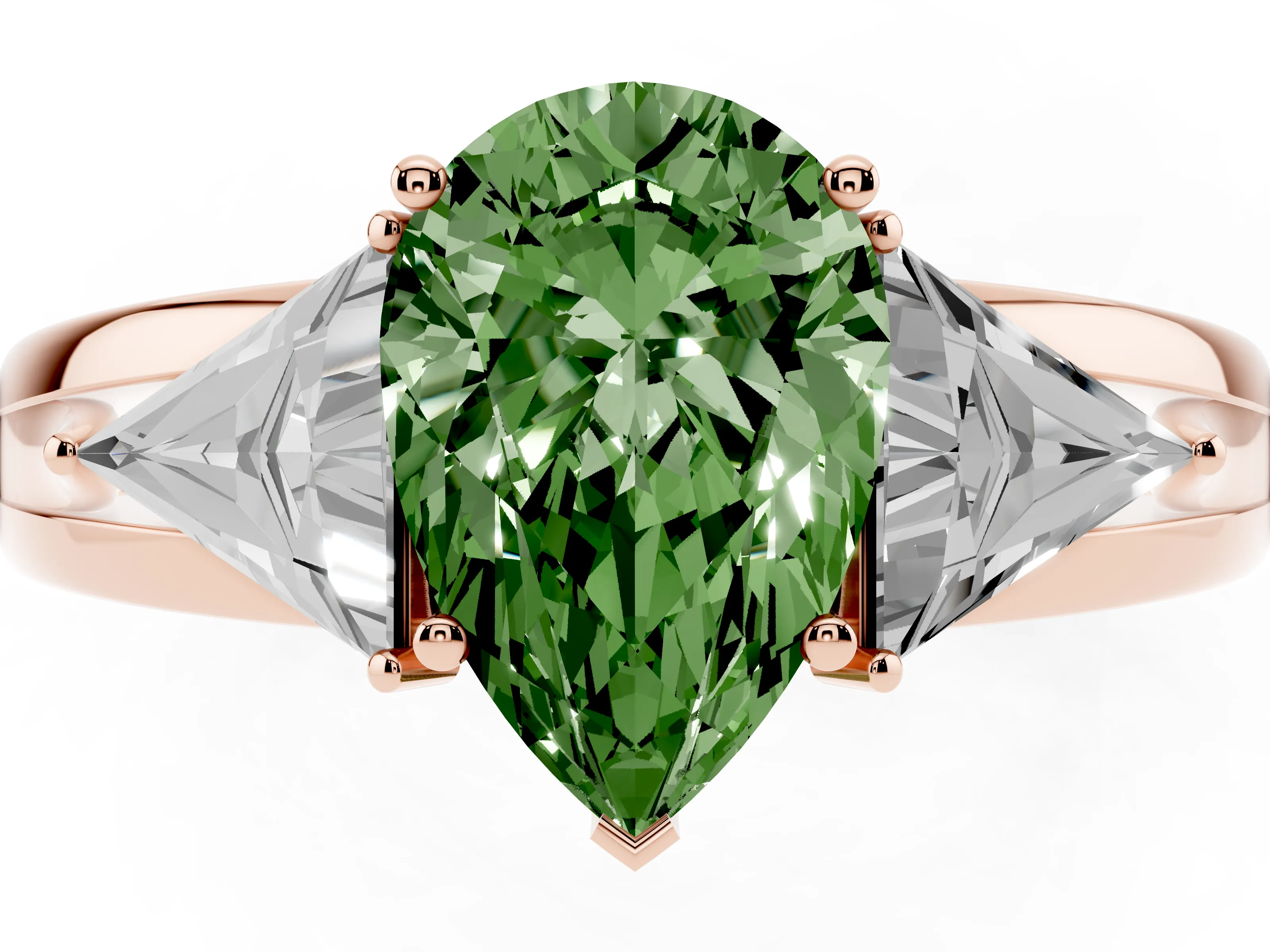 Fancy Green Pear Cut Diamond Three-Stone Ring Set in Rose gold with Trillion Side Stones and Split Shank