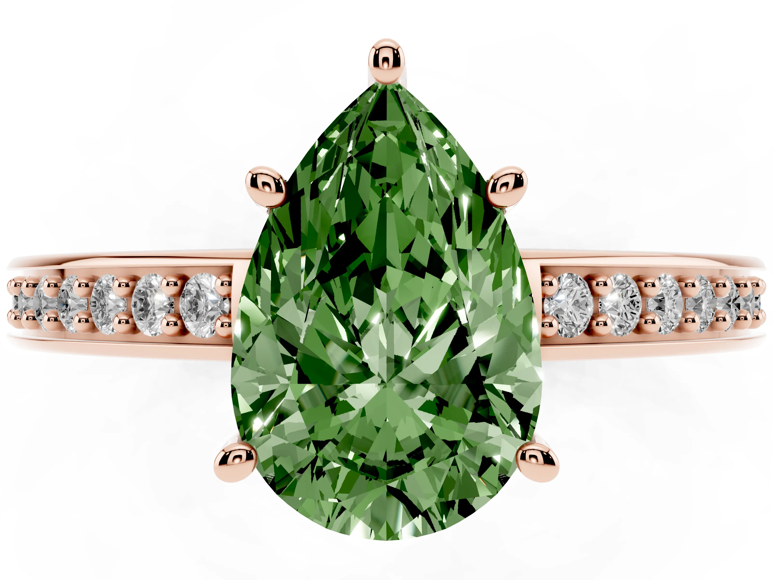 Fancy Green Pear Cut Diamond Pavé Band Prong Set Solitaire Ring Set in Rose gold