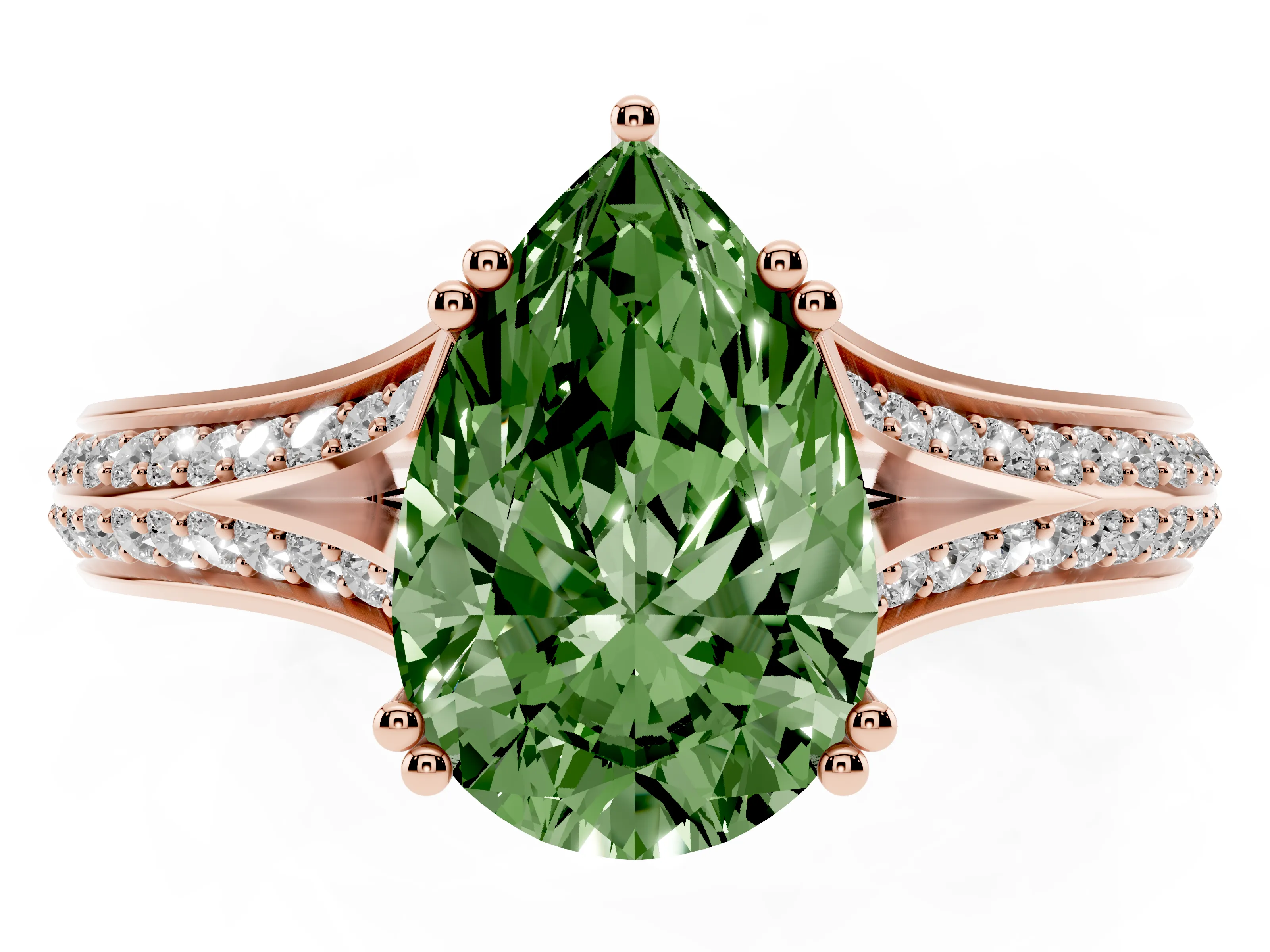 Fancy Green Pear Cut Diamond Split Shank Pavé Engagement Ring Set in Rose gold with Prong-Set Center Stone
