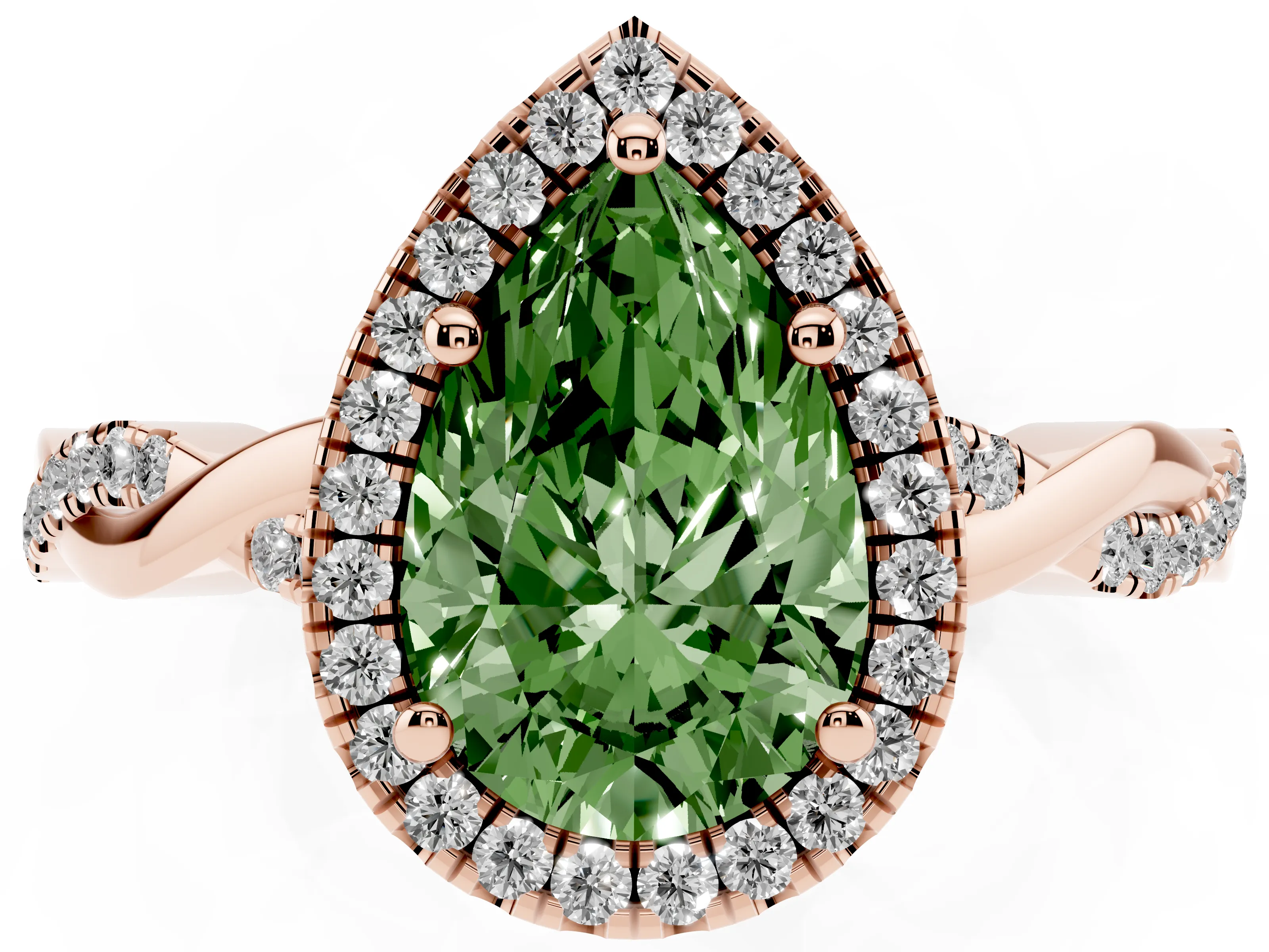 Fancy Green Pear Cut Diamond Halo Twisted Band Ring Set in Rose gold with Prong Setting