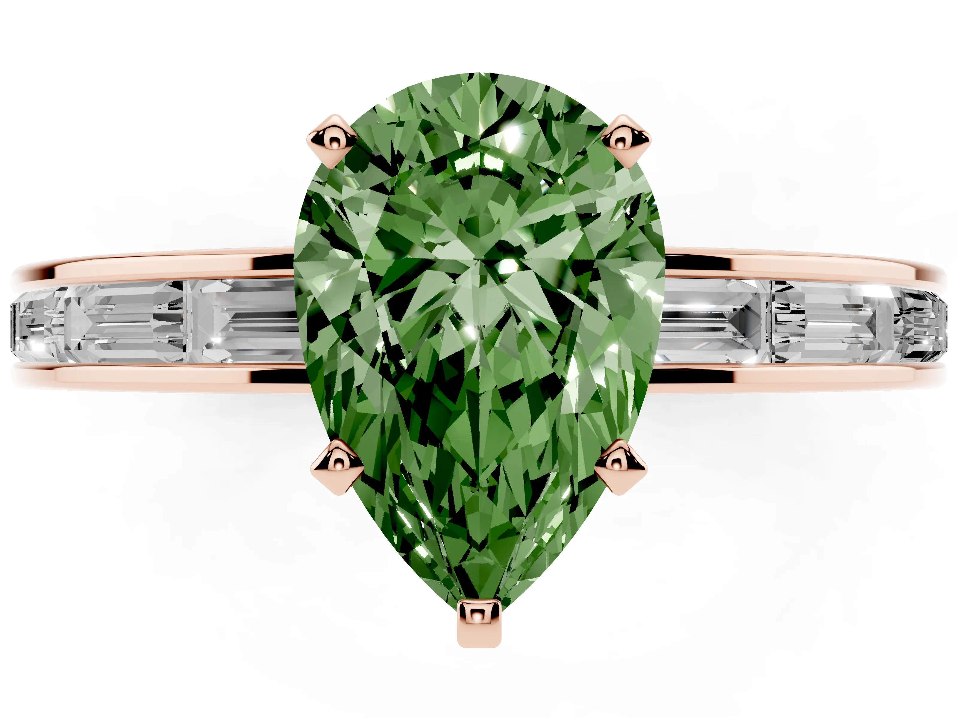 Fancy Green Pear Cut Diamond Solitaire Ring Set in Rose gold with Channel-Set Baguette Band and Prong Setting