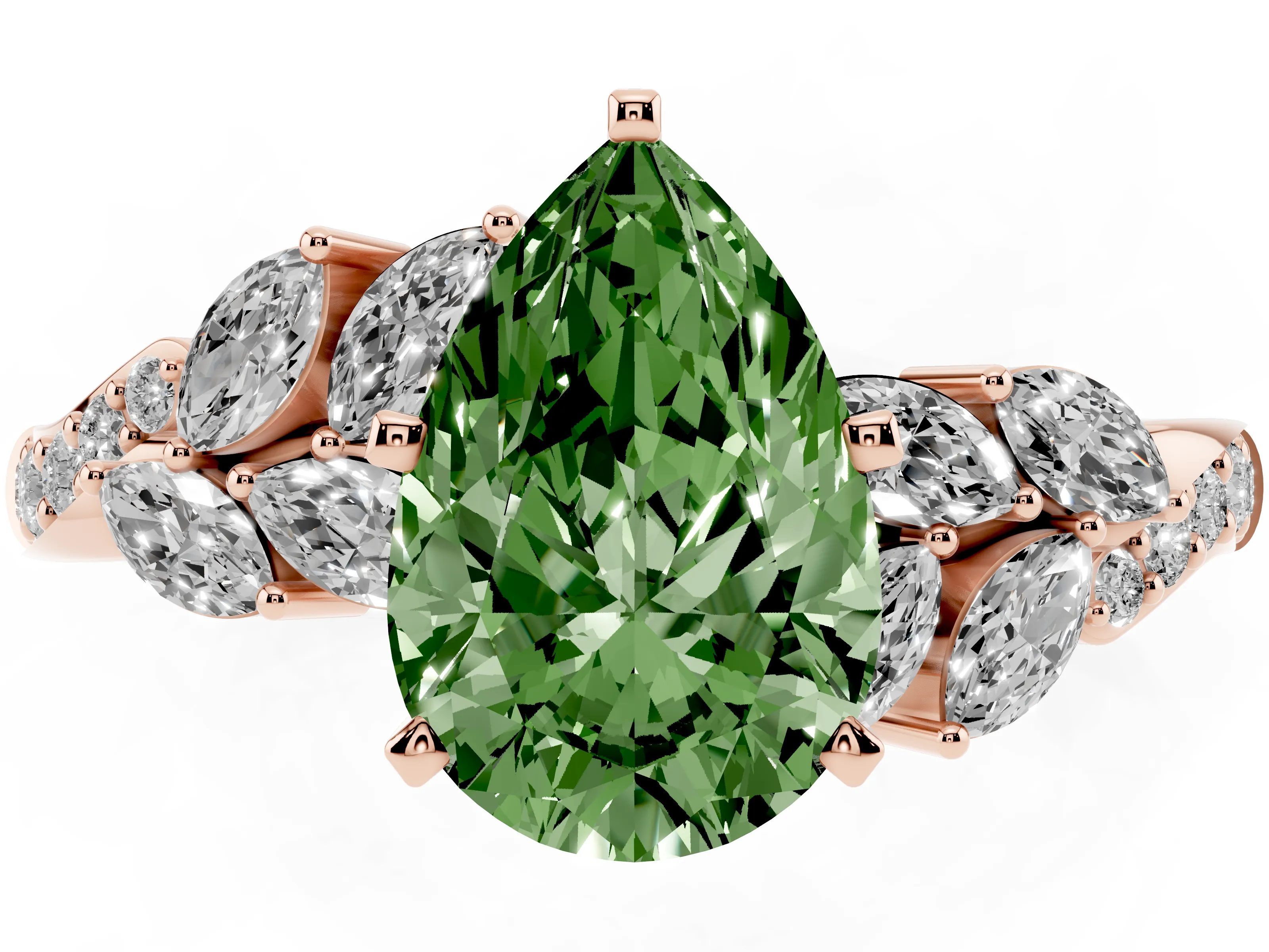 Fancy Green Pear Cut Diamond Solitaire Ring Set in Rose gold with Marquise Twist Band and Prong Setting