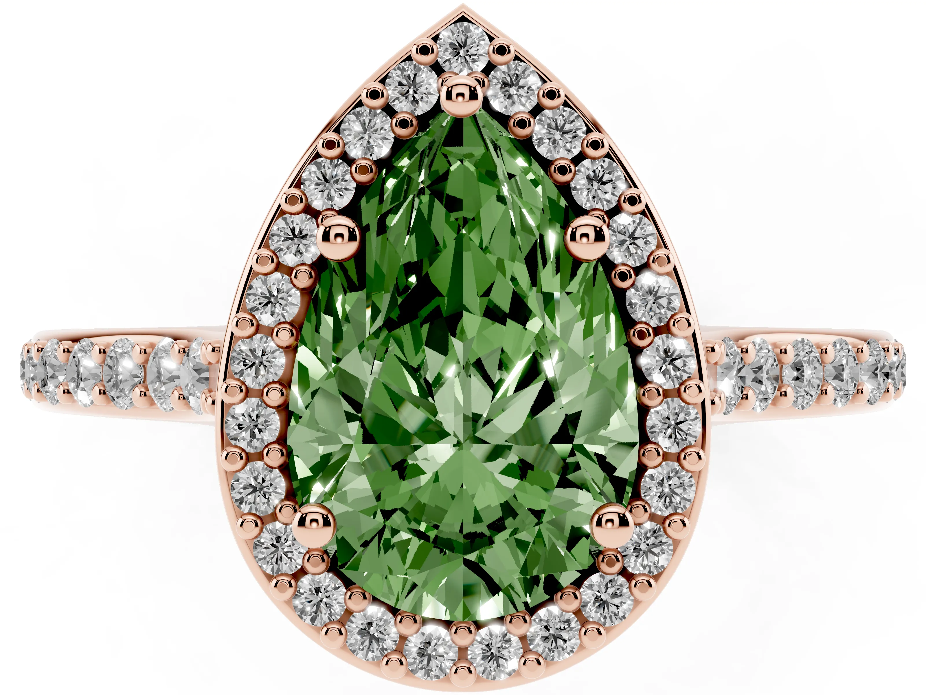 Fancy Green Pear Cut Diamond Halo Engagement Ring Set in Rose gold with Round Pavé Shoulders and Heart Gallery