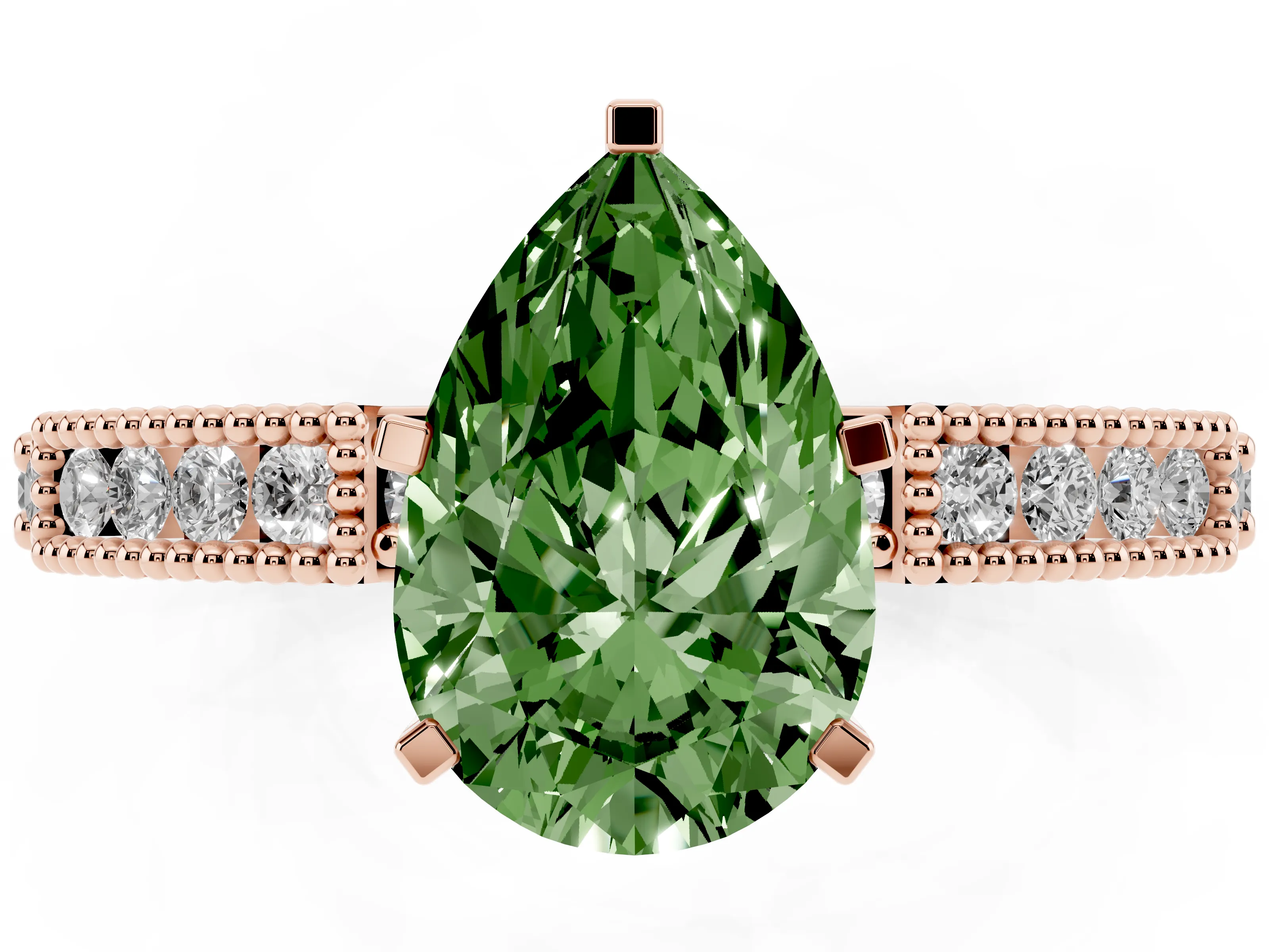 Fancy Green Pear Cut Diamond Solitaire Ring Set in Rose gold with Slim Pavé Band and Prong Setting