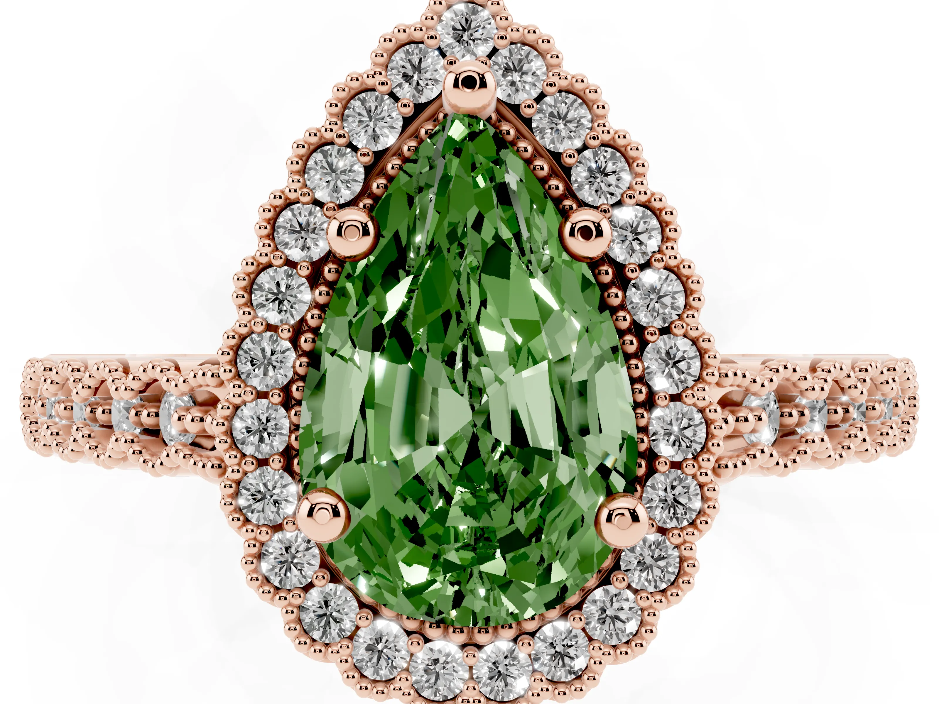 Fancy Green Pear Cut Diamond Halo Ring Set in Rose gold with Pavé Milgrain Band