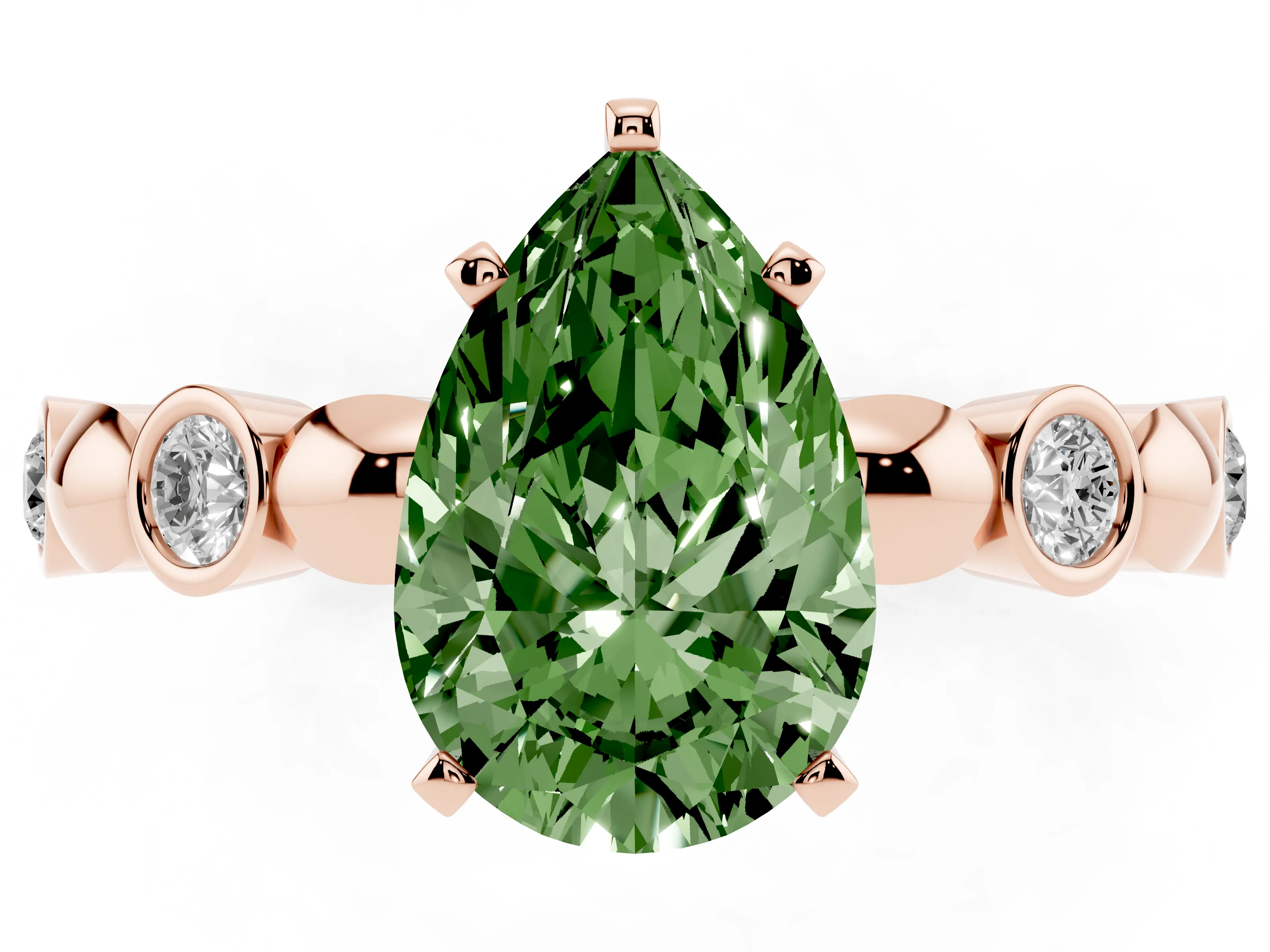 Fancy Green Pear Cut Diamond Solitaire Ring Set in Rose gold with Bezel-Set Accents on Beaded Band and Prong Setting