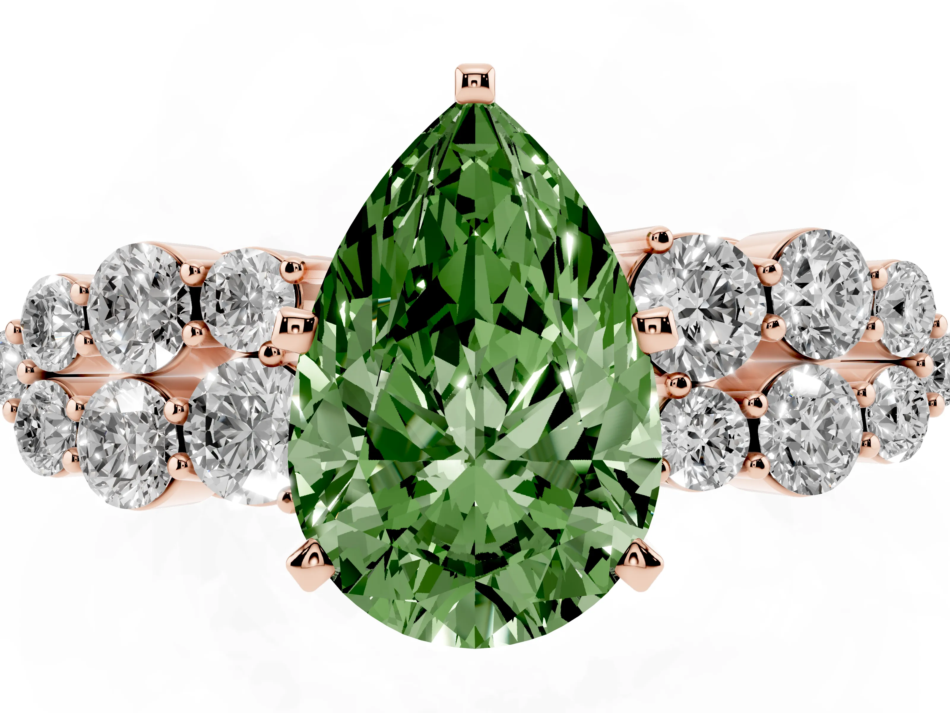 Fancy Green Pear Cut Diamond Cluster Engagement Ring Set in Rose gold with Pavé Band and Prong Setting