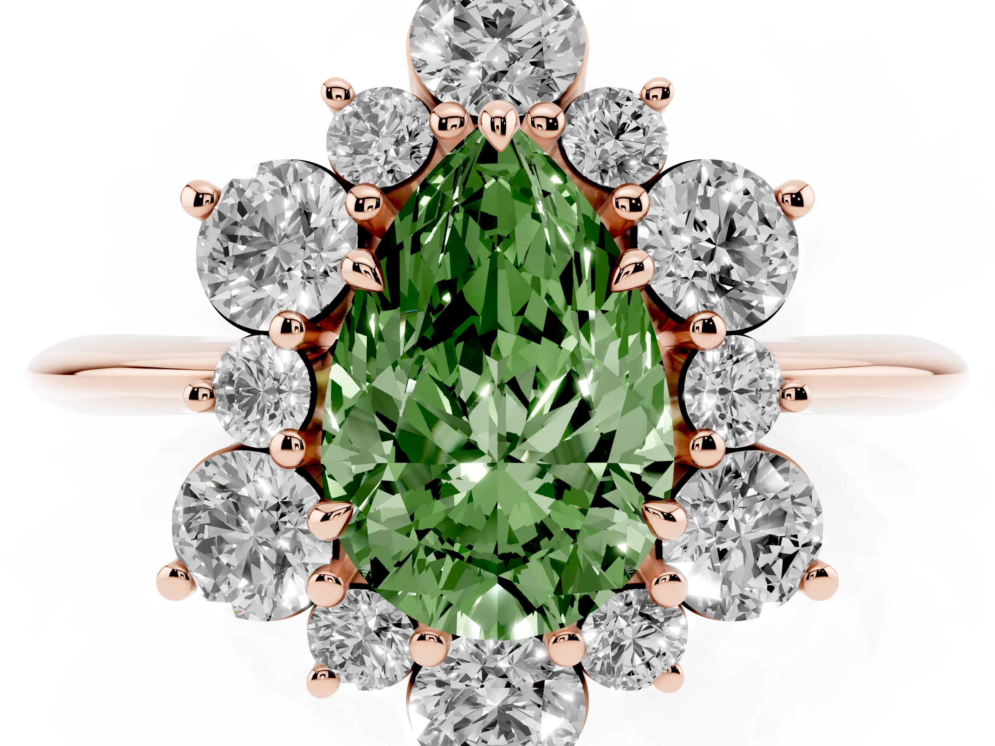 Fancy Green Pear Cut Diamond Cluster Halo Ring Set in Rose gold with Solitaire Band and Prong Setting