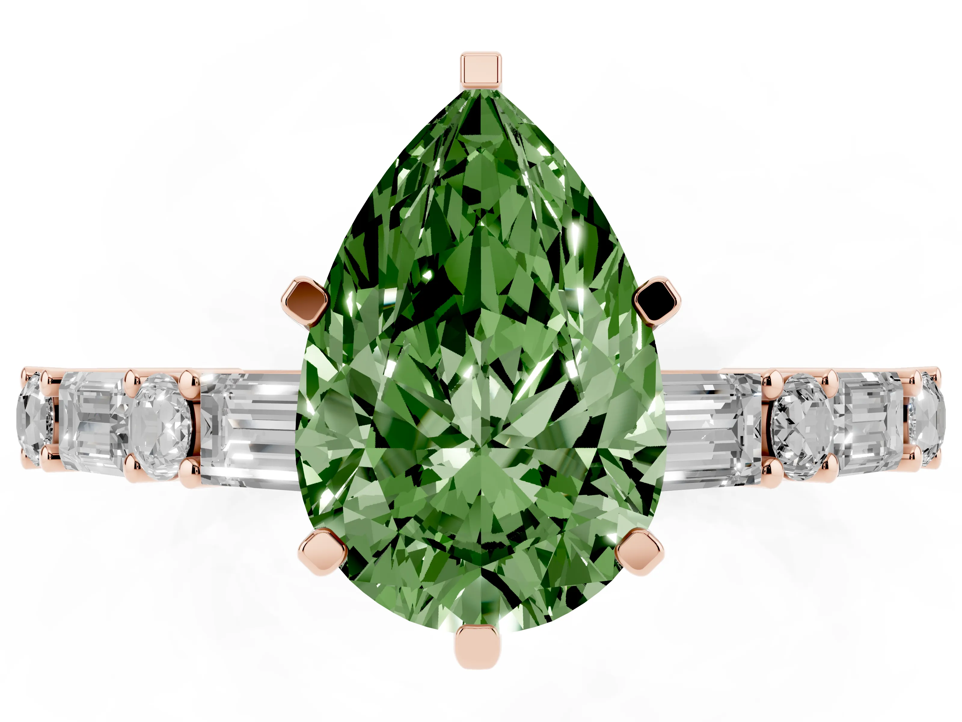 Fancy Green Pear Cut Diamond Solitaire Set in Rose gold with Side Baguettes and Channel Set Band