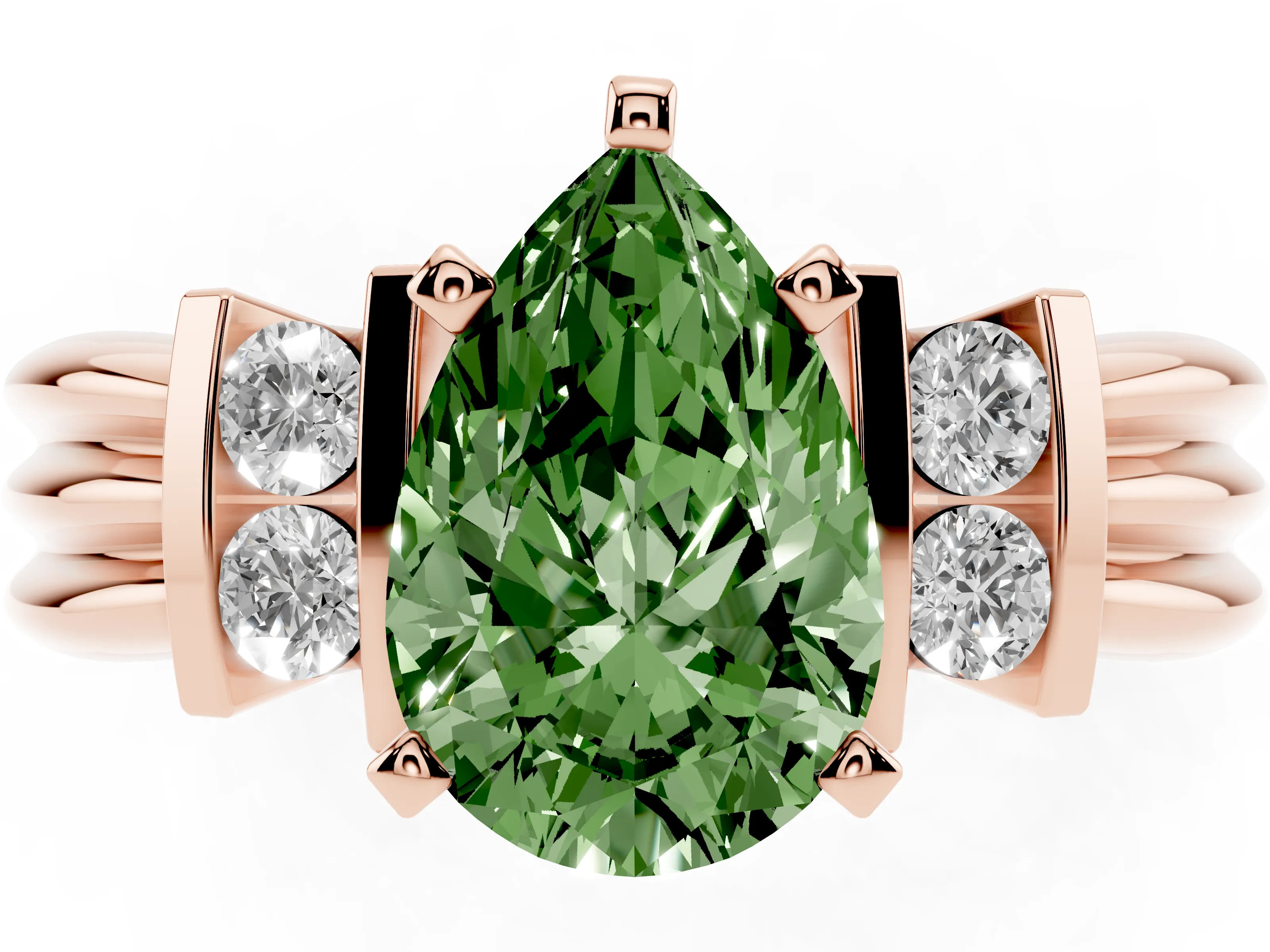 Fancy Green Three-Stone Pear Cut Diamond Channel Set Ring Set in Rose gold with Bar Prongs