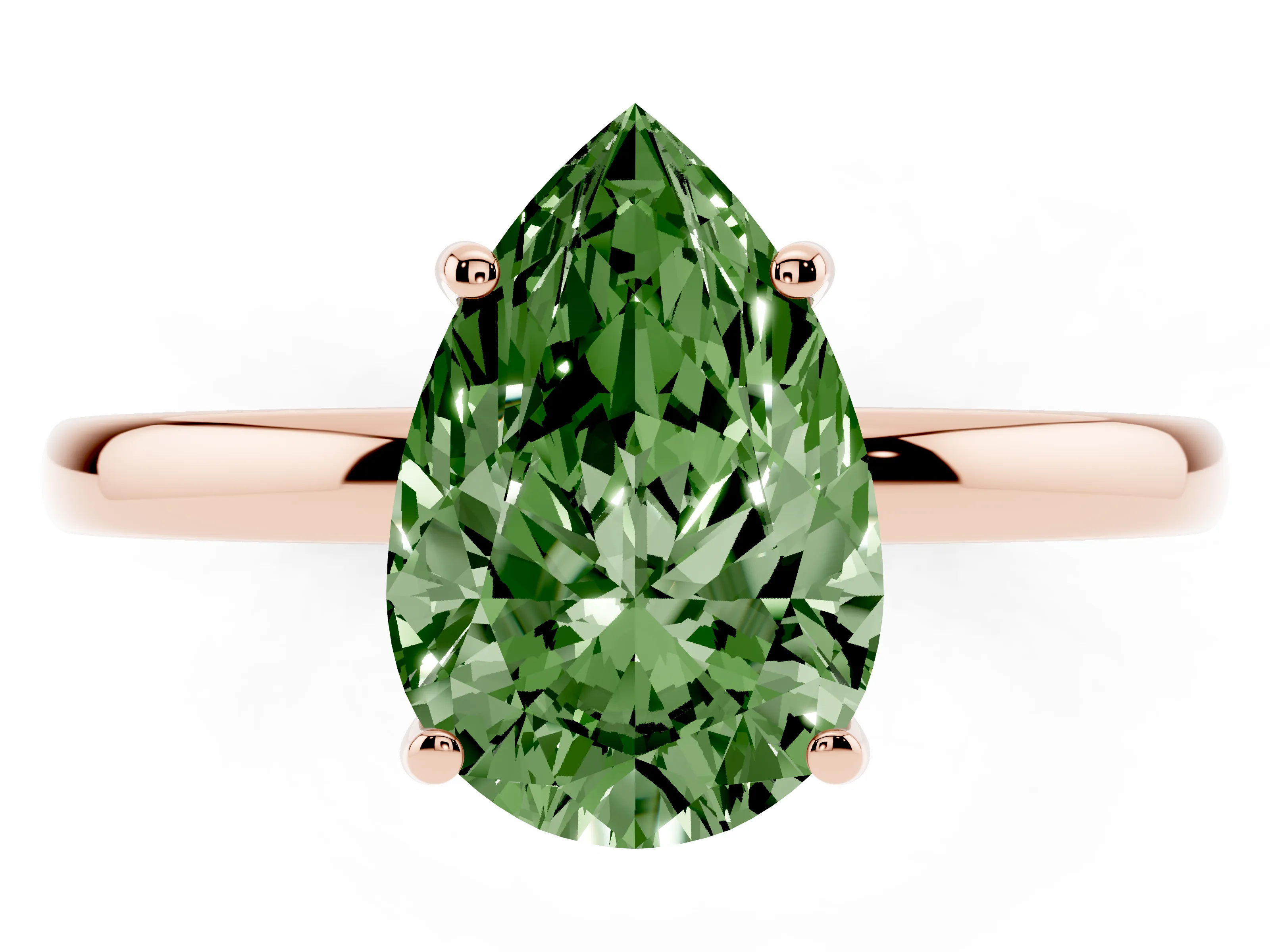 Fancy Green Pear Cut Diamond Solitaire Ring Set in Rose gold with Plain Band and Prong Setting