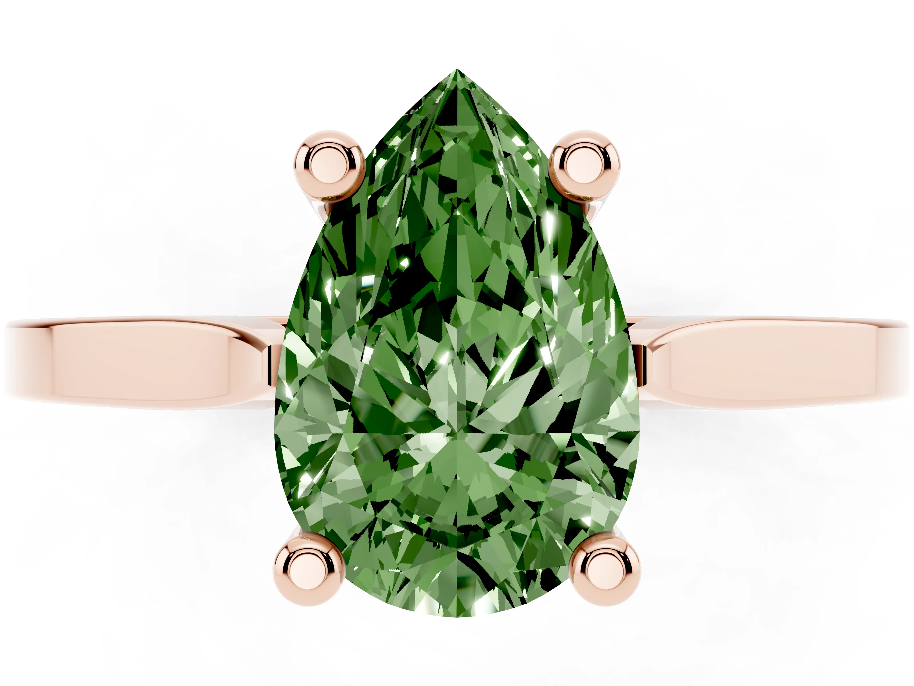 Fancy Green Pear Cut Diamond Solitaire Ring Set in Rose gold with Prong Setting and Tapered Band