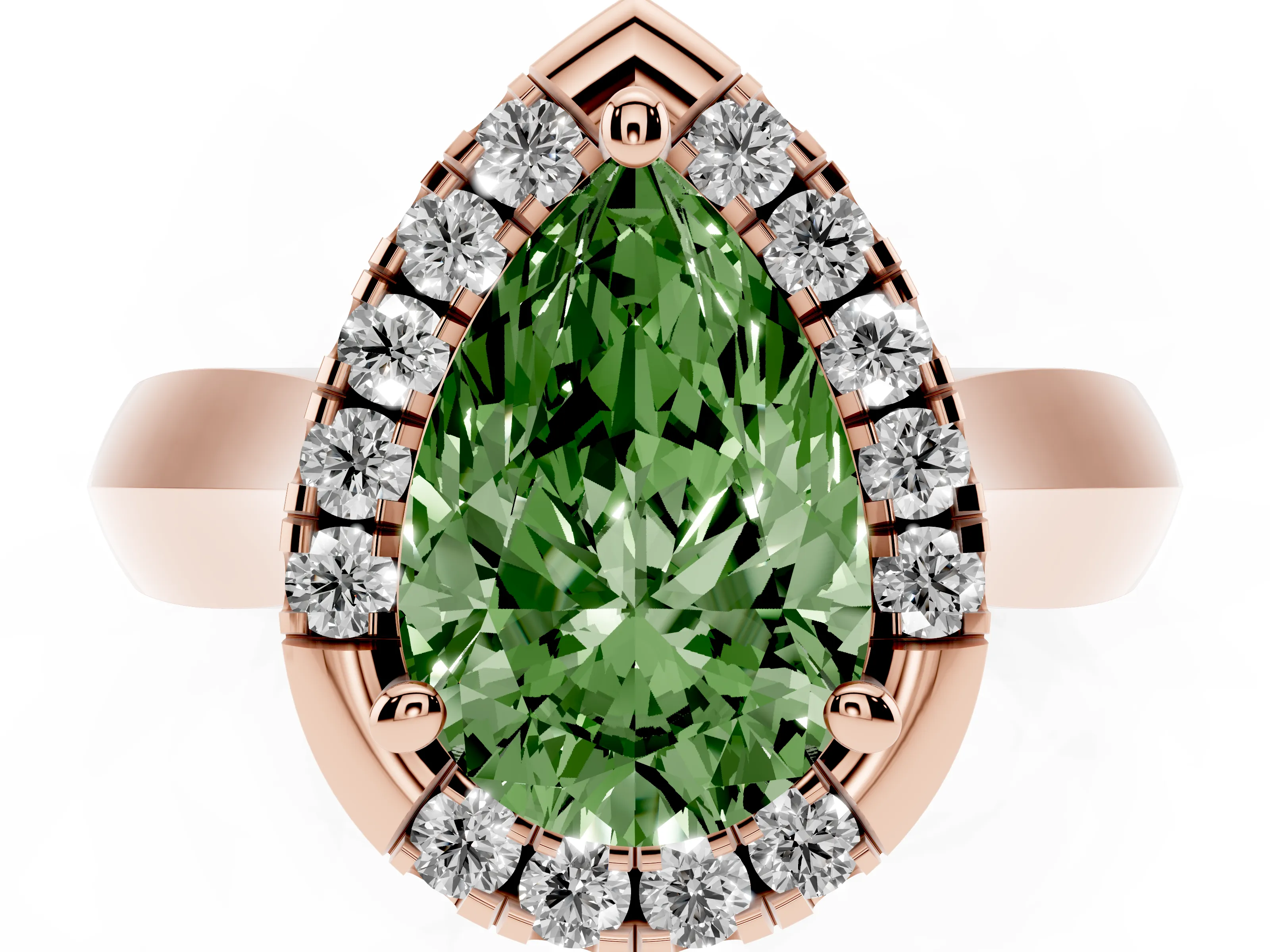 Fancy Green Pear Cut Diamond Halo Solitaire Engagement Ring Set in Rose gold with Square Band and Prong Setting