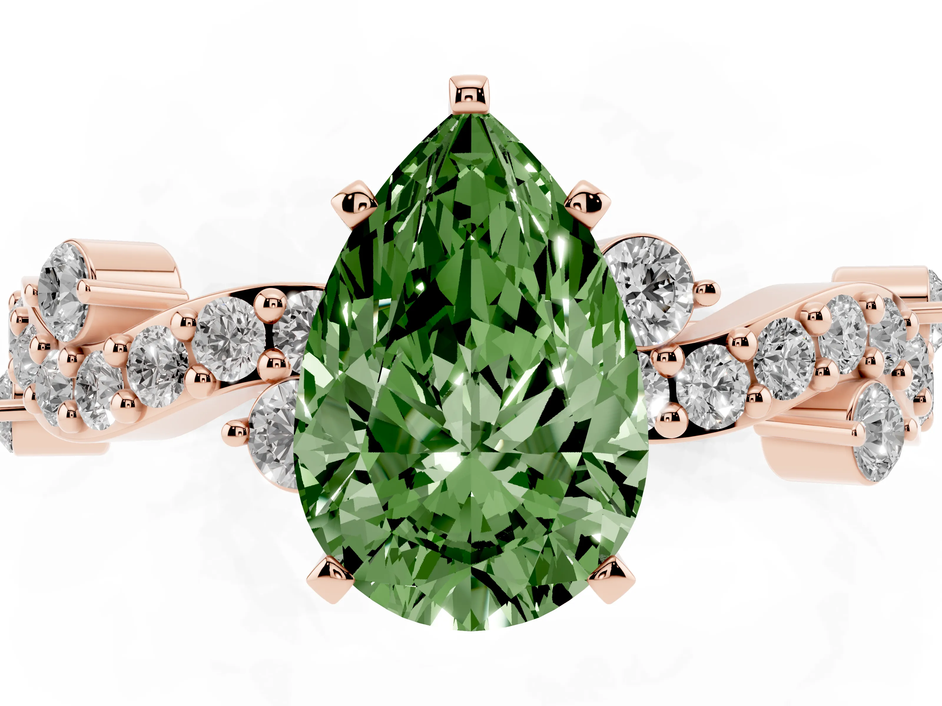 Fancy Green Pear Cut Diamond Solitaire Twisted Band Set in Rose gold with Pavé Setting