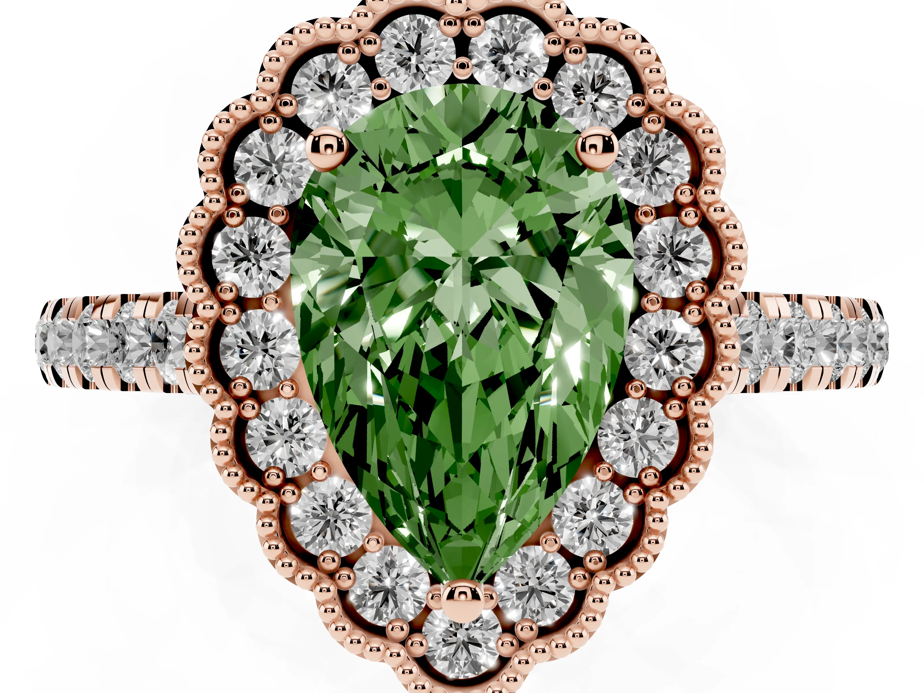 Fancy Green Pear Cut Diamond Milgrain Floral Halo Engagement Ring Set in Rose gold with Pavé Band