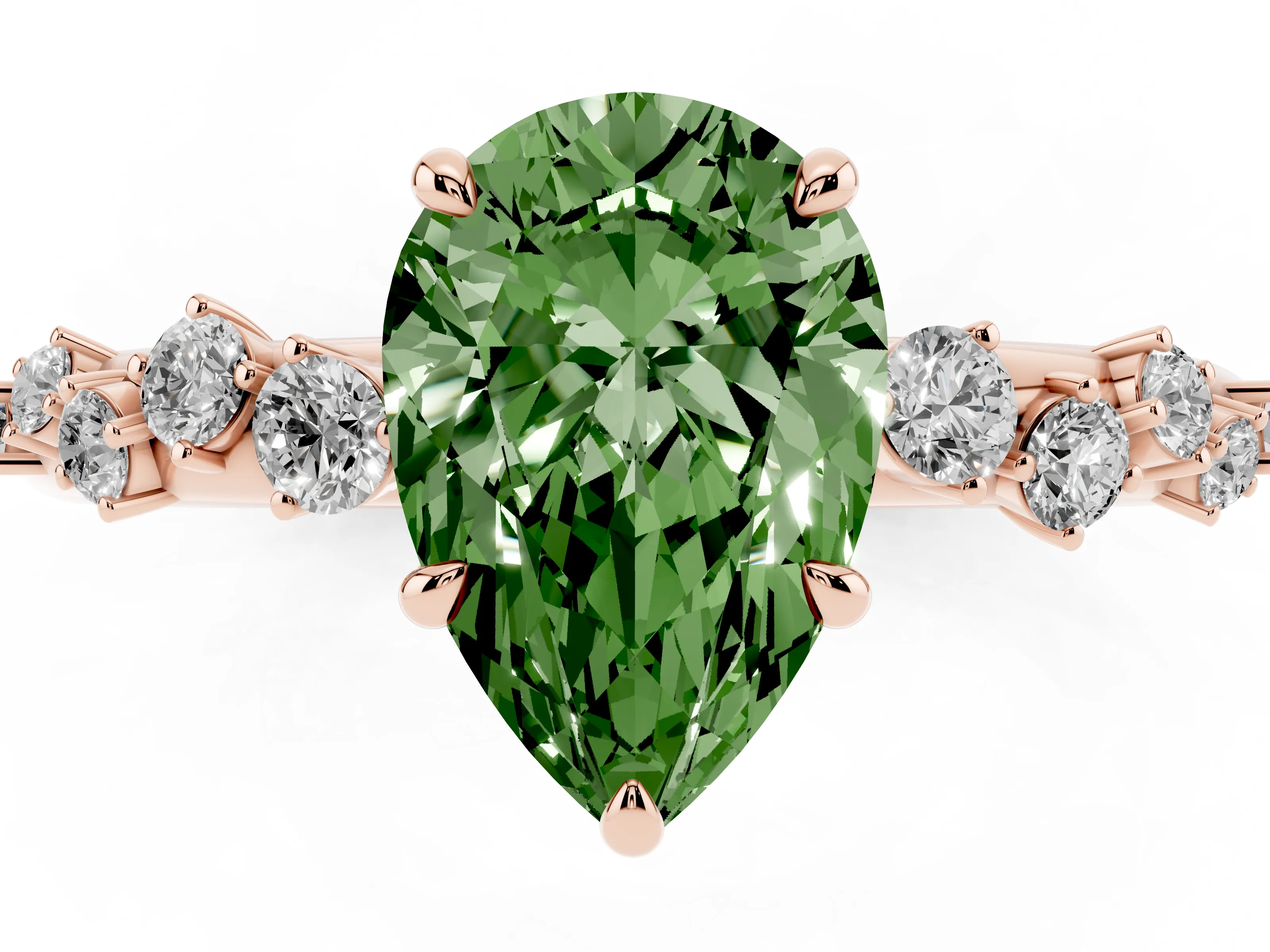 Fancy Green Pear Cut Diamond Cluster Solitaire Ring Set in Rose gold with Prong Setting
