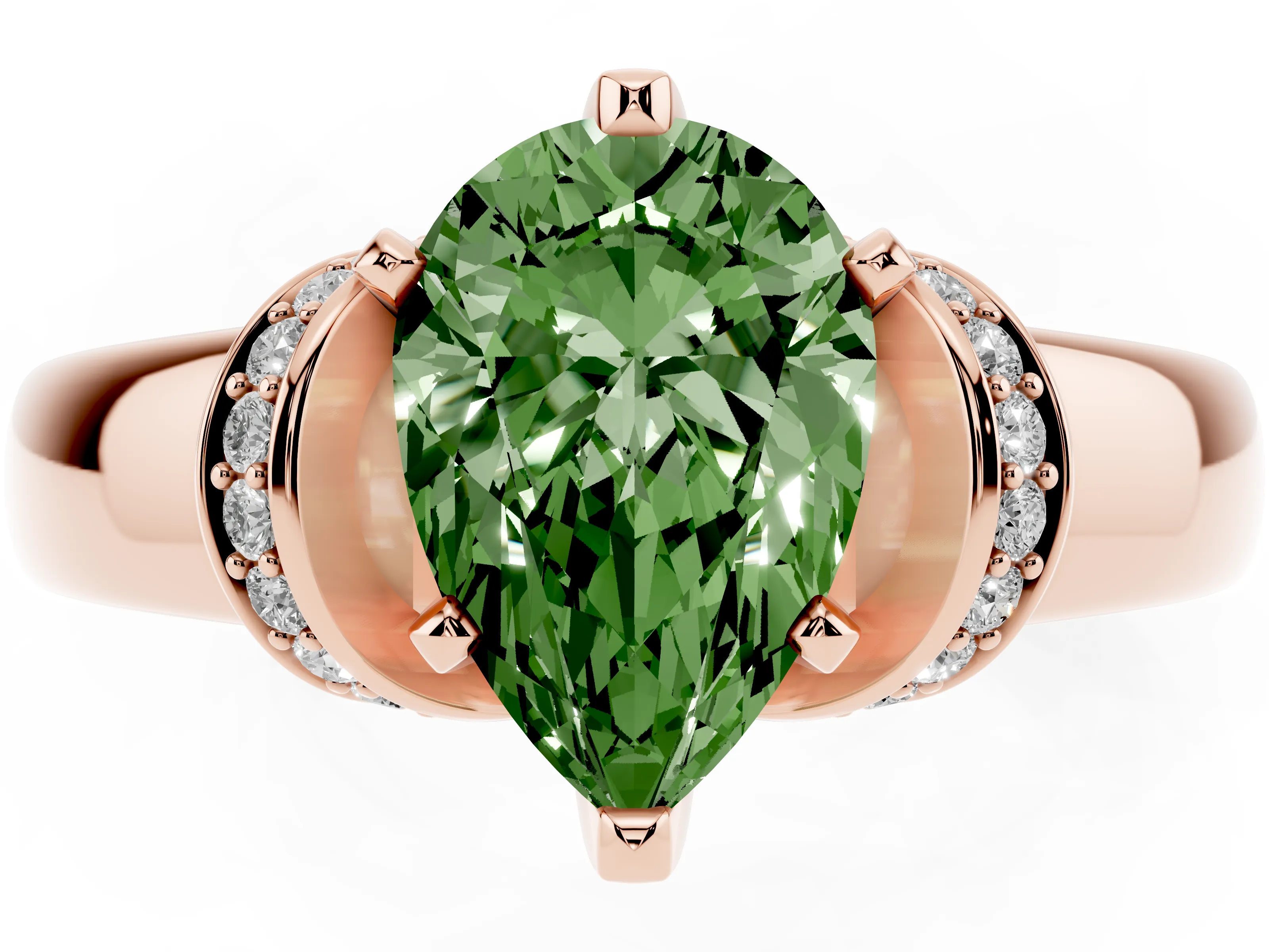 Fancy Green Pear Cut Diamond Pavé Band Solitaire Ring Set in Rose gold with Prong Setting