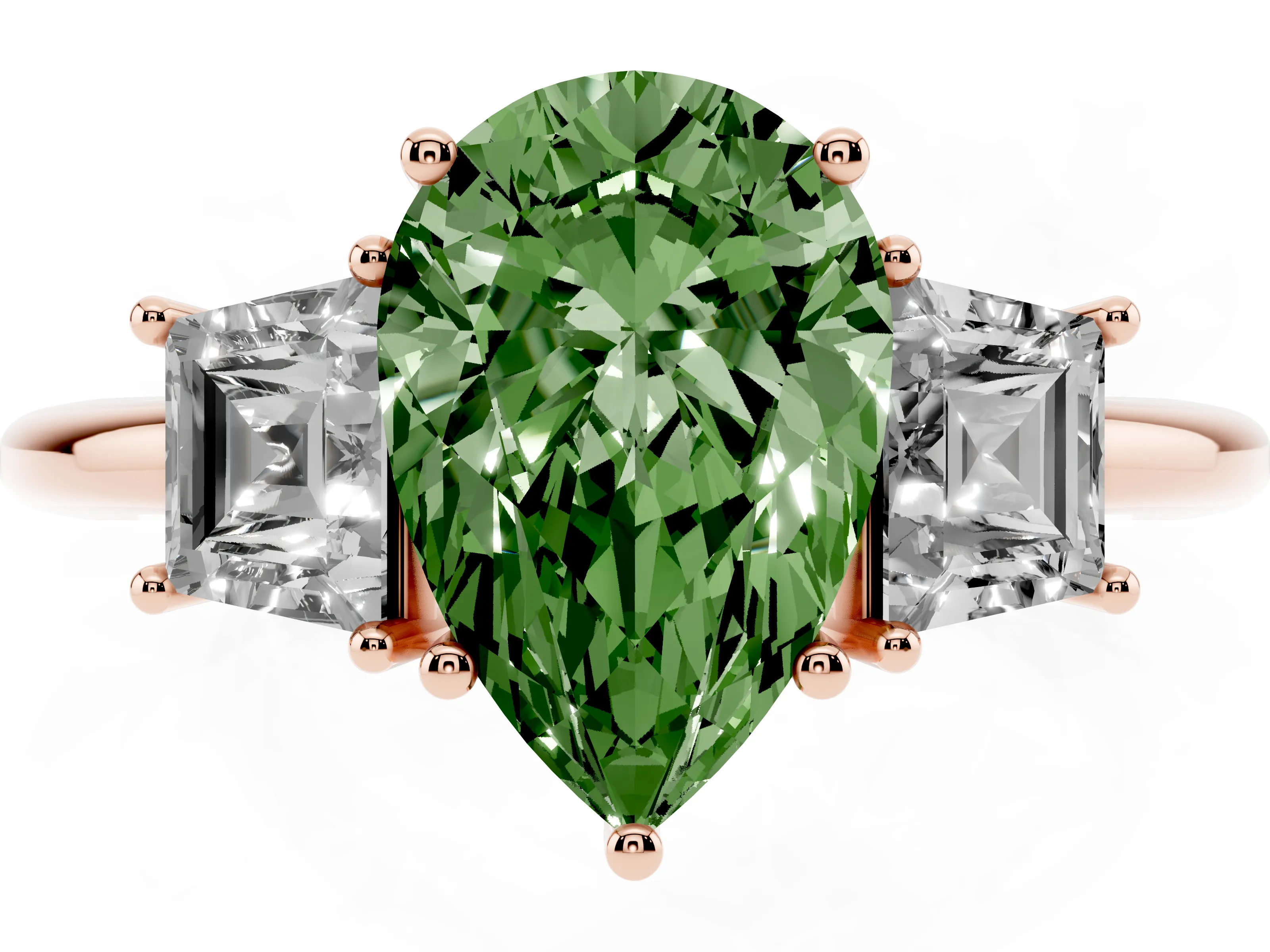 Fancy Green Pear Cut Diamond Three-Stone Ring Set in Rose gold with Trapezoid Side Stones and Prong Setting