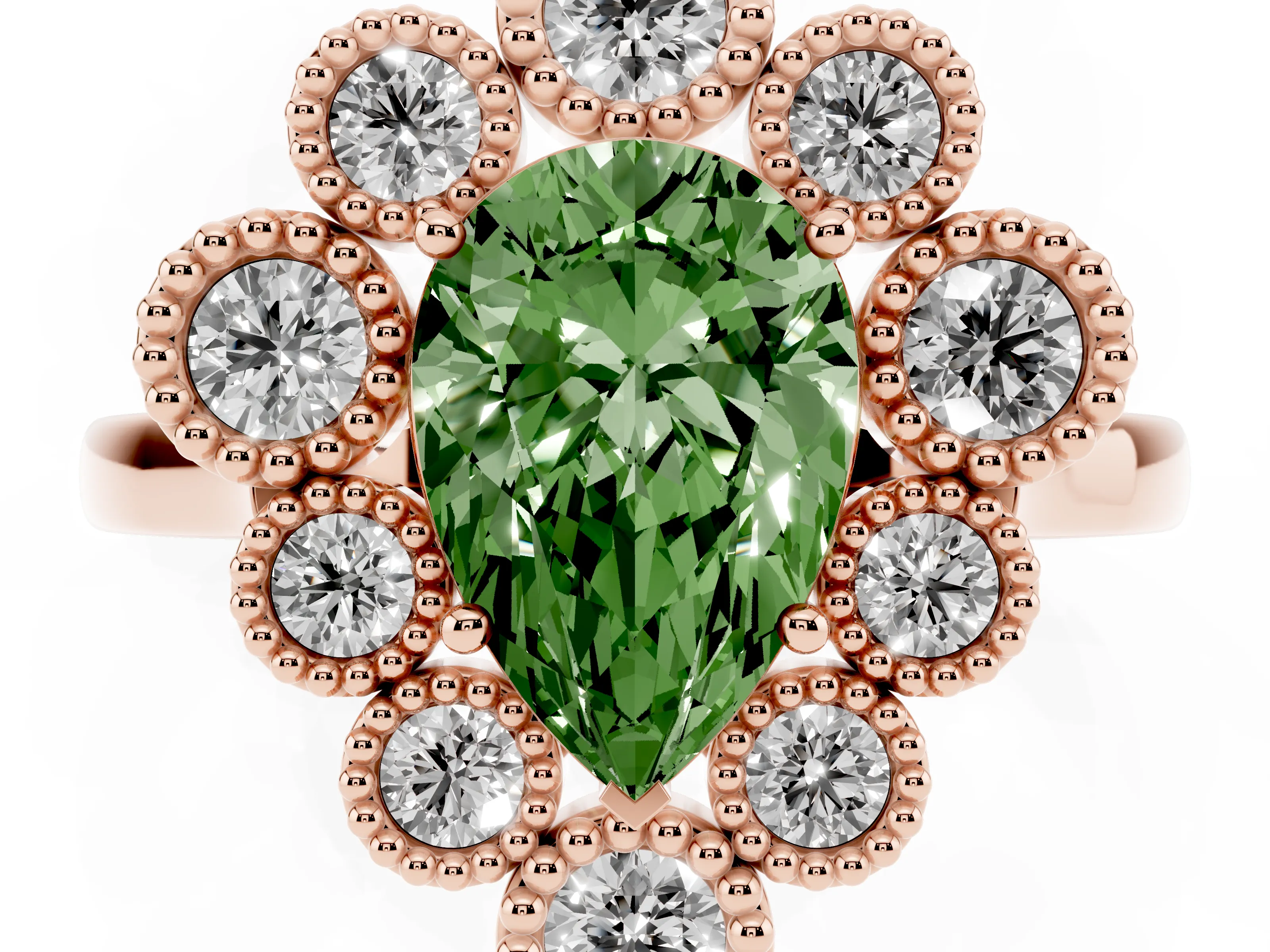 Fancy Green Pear Cut Diamond Cluster Halo Ring Set in Rose gold with Milgrain Bezel Accents and Plain Band