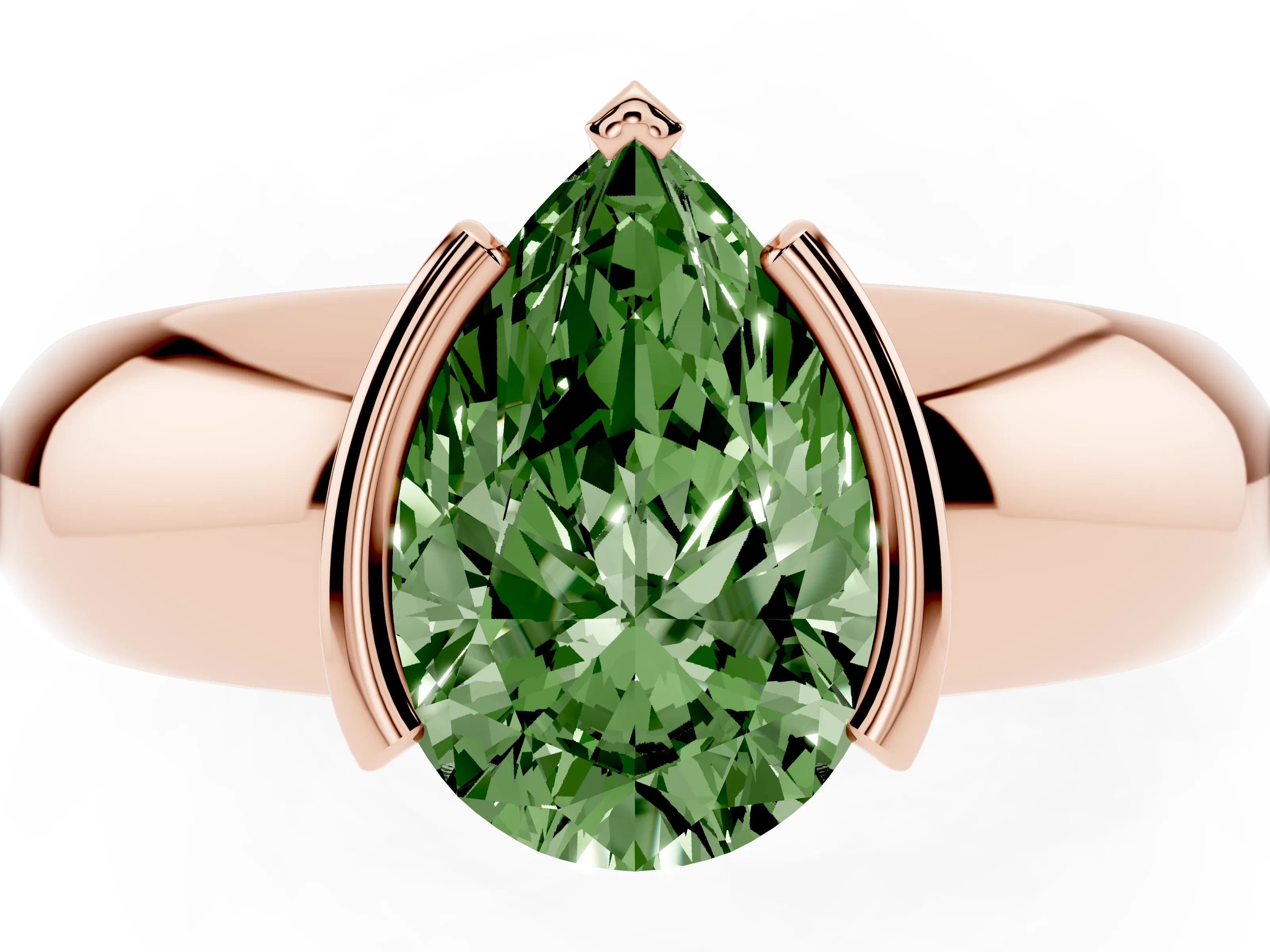 Fancy Green Pear Cut Diamond Solitaire Tension Set Ring Set in Rose gold with Wide Band