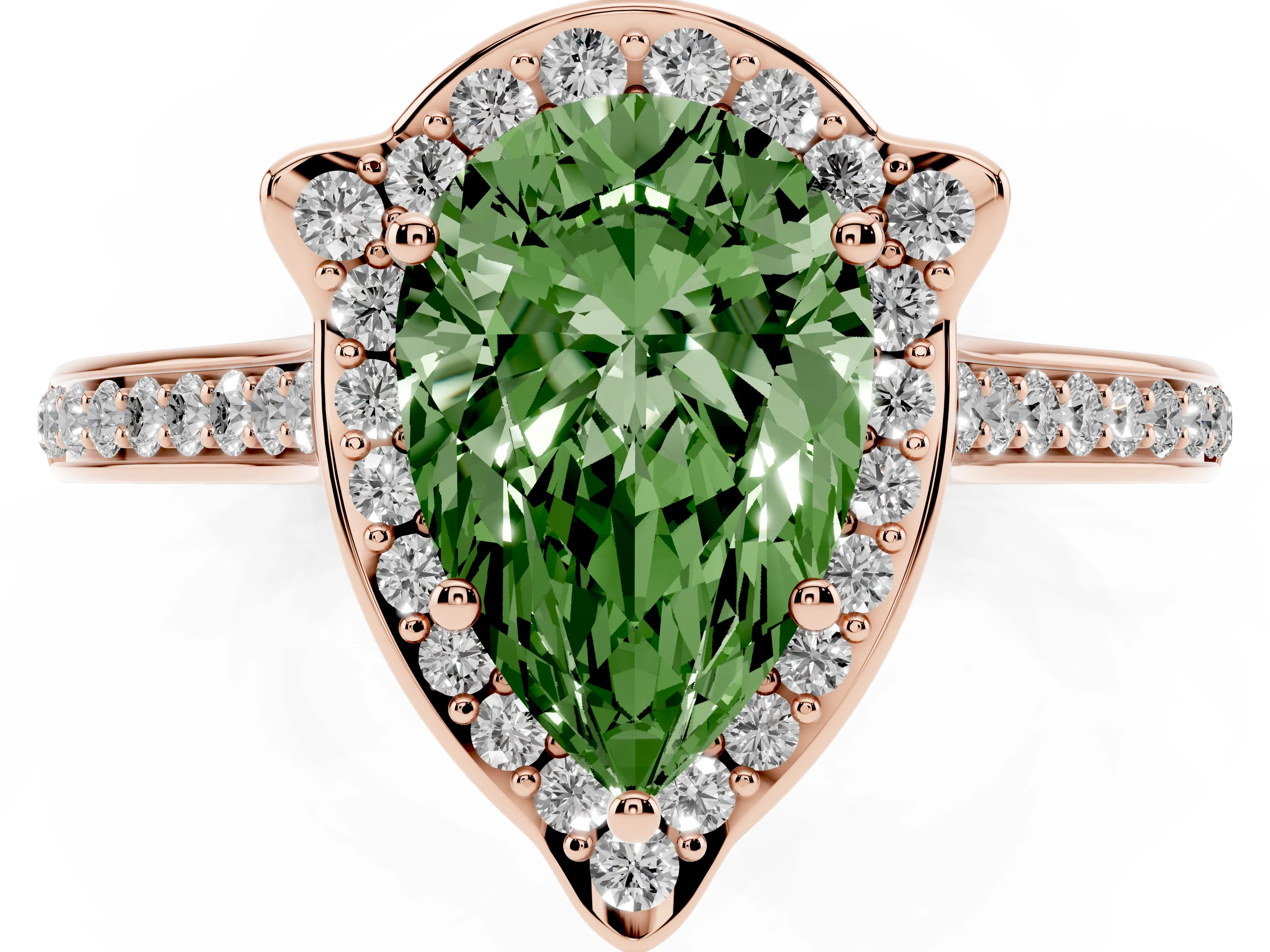 Fancy Green Pear Cut Diamond Halo Ring Set in Rose gold with Pavé-Lined Shoulders and Prong Setting